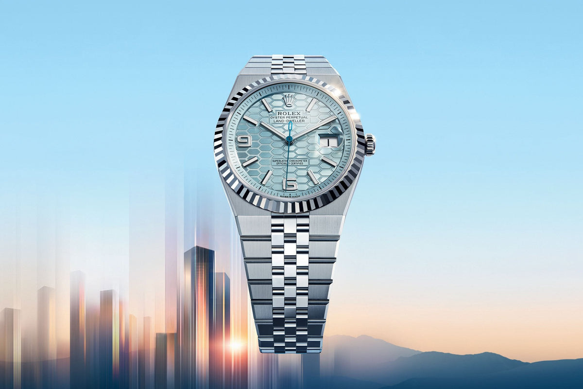 Rolex Oyster Perpetual Sky-Dweller with ice-blue dial and fluted bezel, showcased against a modern cityscape and sunrise background