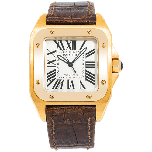 Cartier Santos Large Rose Gold Mens Watch WGSA0019 with Brown Leather Bracelet