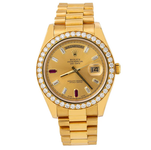 Rolex Day-Date II 41MM 218348 Champagne Baguette Diamond Dial Diamond Bezel 18K Yellow Gold President Bracelet