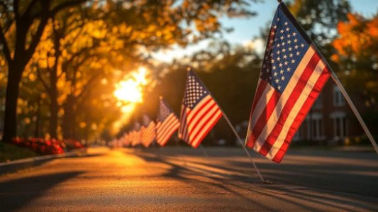 Memorial Day tribute with multiple American flags honoring fallen U.S. soldiers – patriotic display of remembrance and national pride