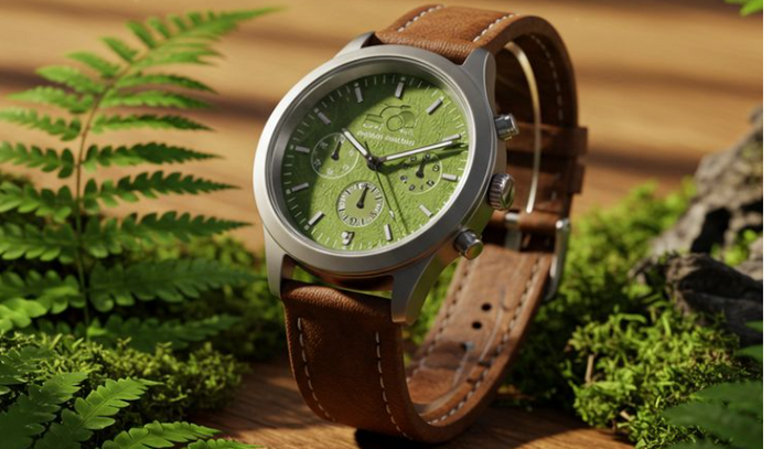 Sustainable luxury watch made with recycled steel, eco-friendly strap, and solar-powered movement