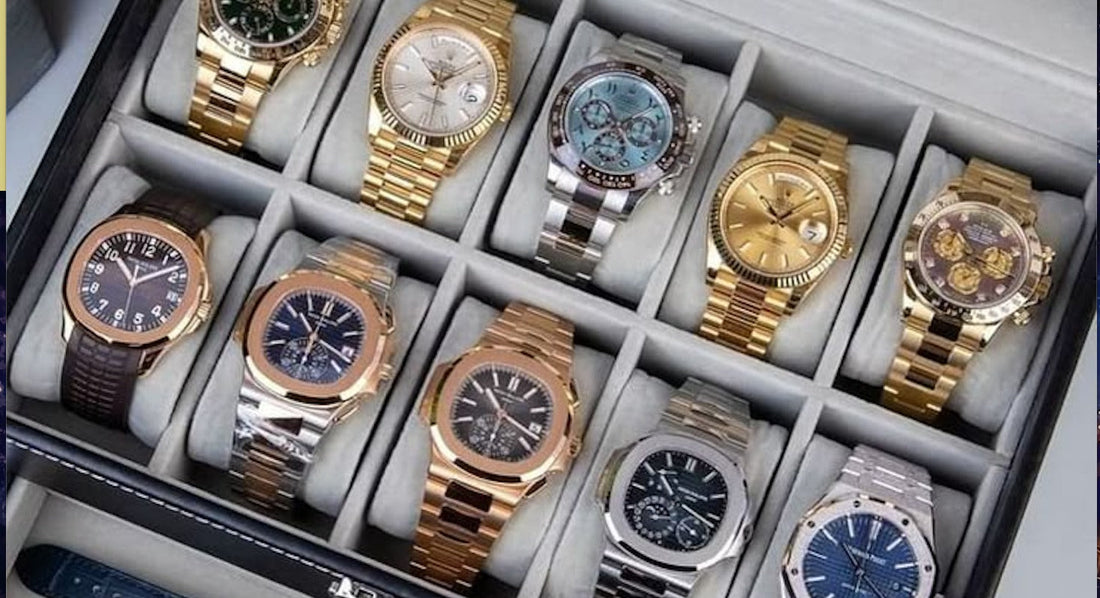 Assorted luxury watch collection featuring elegant dive, dress, and sports watches, perfect for building a starter luxury watch collection under $10K