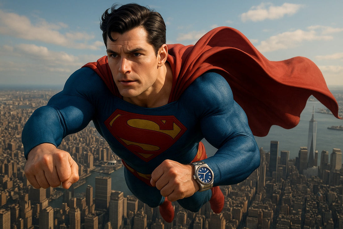 Superman flying over a city skyline wearing a silver wristwatch, showcasing superhero strength and modern style.