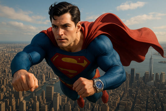 Superman flying over a city skyline wearing a silver wristwatch, showcasing superhero strength and modern style.