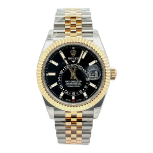 Rolex Sky-Dweller 42mm 326933 Black Dial YG Fluted Bezel Jubilee Band