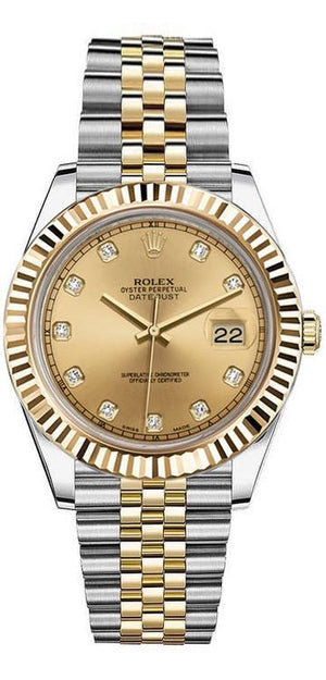 Rolex Date just 126333 41mm Factory Champagne Diamond Dial YG Fluted Bezel Two T