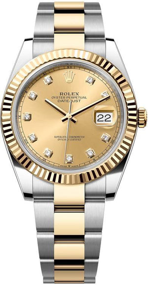 Rolex Date just 126333 41mm Champagne Diamond Dial YG Fluted Bezel Two T