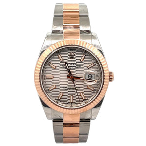 Rolex Date just 41mm 126331 Silver Motif Dial Two Tone RG Fluted Bezel Oyster Br