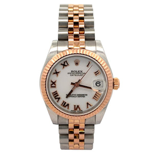 Rolex Date Just 31mm 178271 White Roman Numeral Dial RG Fluted Bezel Jubilee Ban