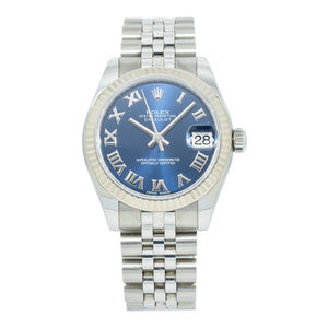 Rolex Date just 31mm Blue Roman Numeral Dial Stainless Steel Fluted Bezel Jubile