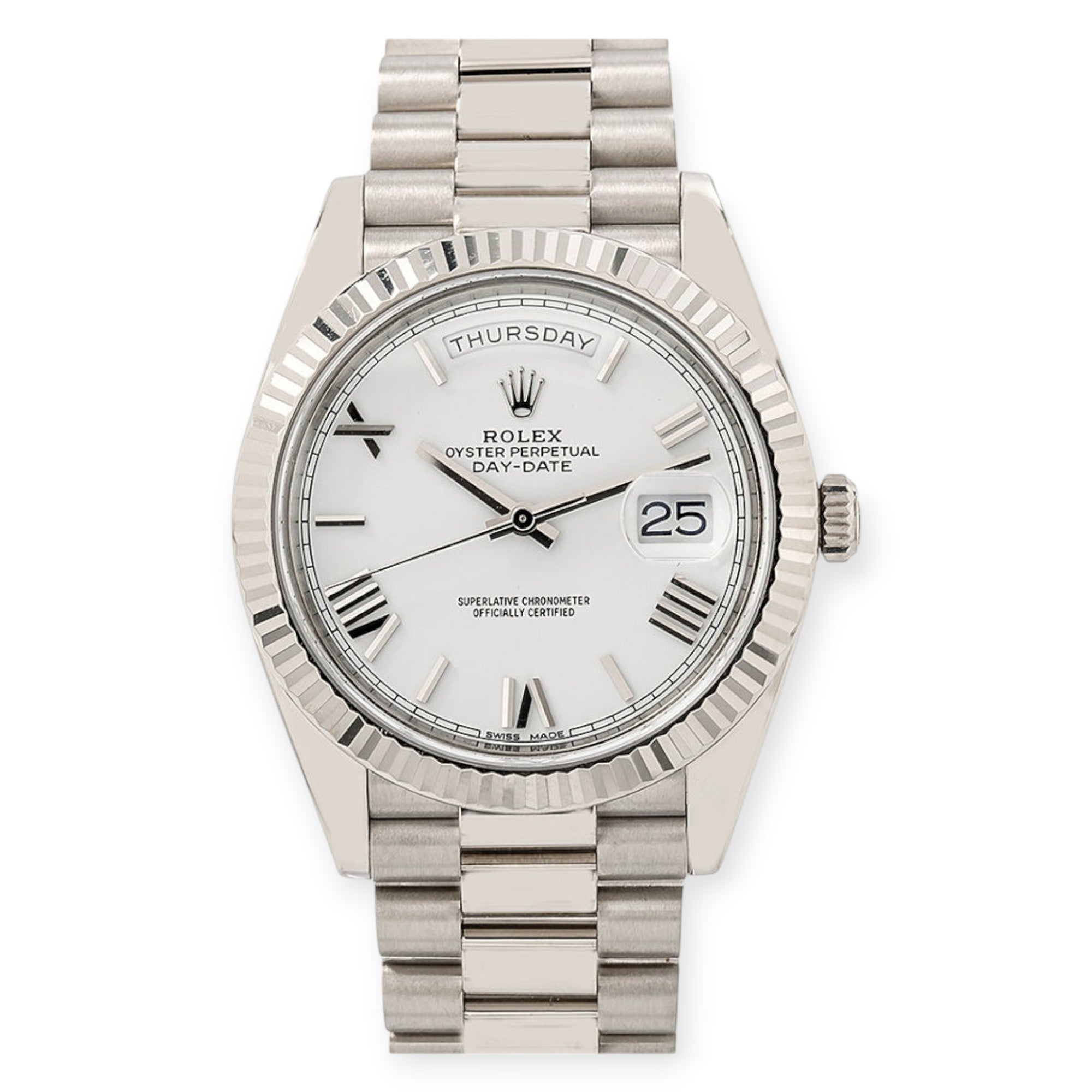 Rolex White Gold Day-Date 40 Watch White Roman Dial - President Bracelet