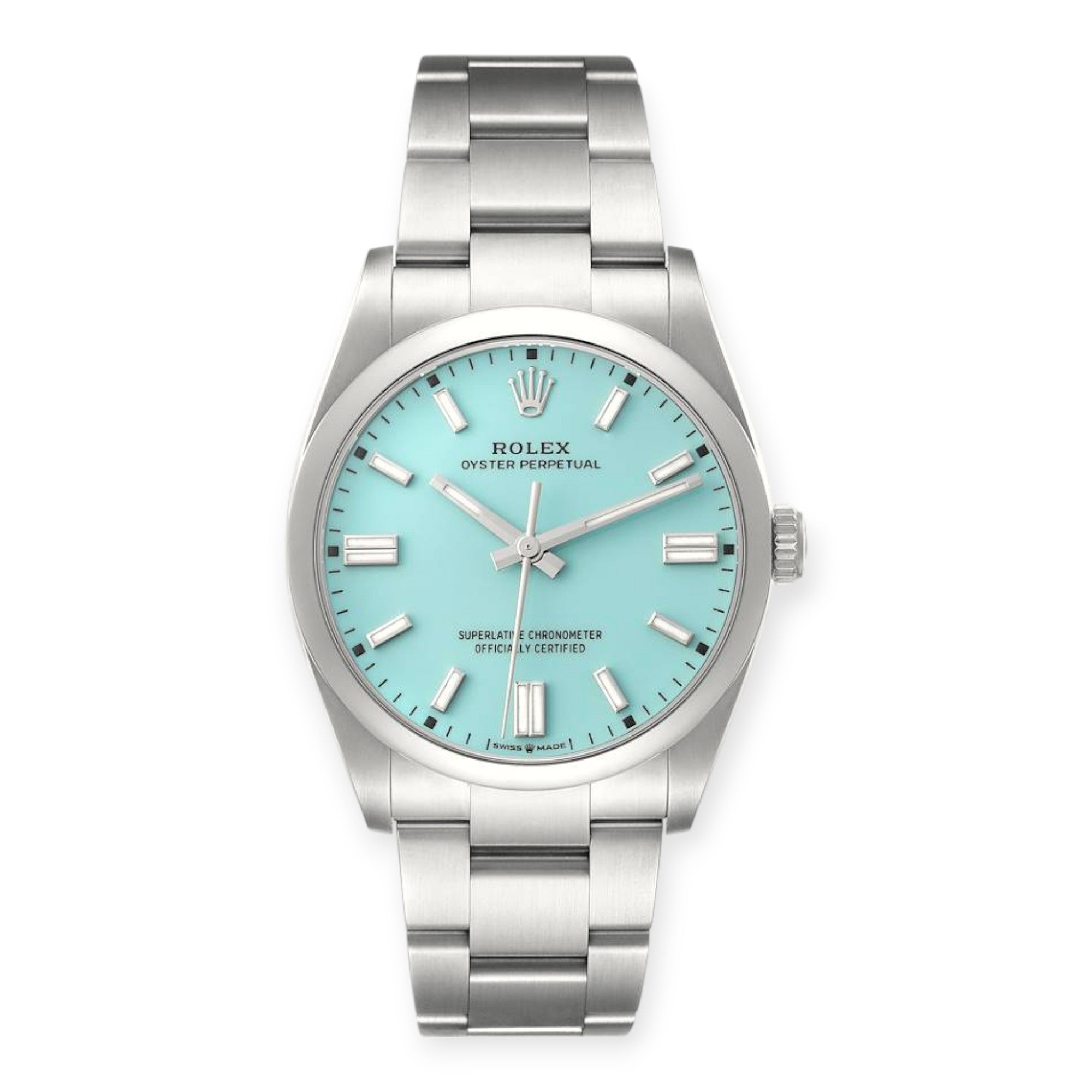 Rolex Oyster Perpetual 126000 Turquoise Blue Dial Steel Mens Watch