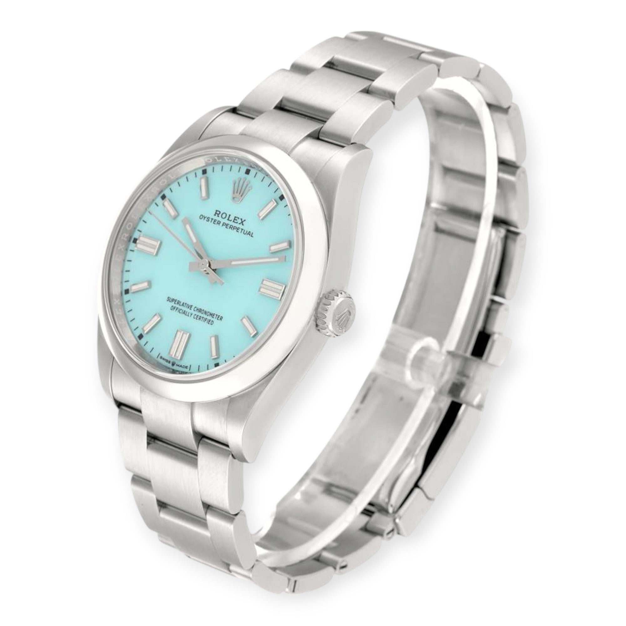 Rolex Oyster Perpetual 126000 Turquoise Blue Dial Steel Mens Watch