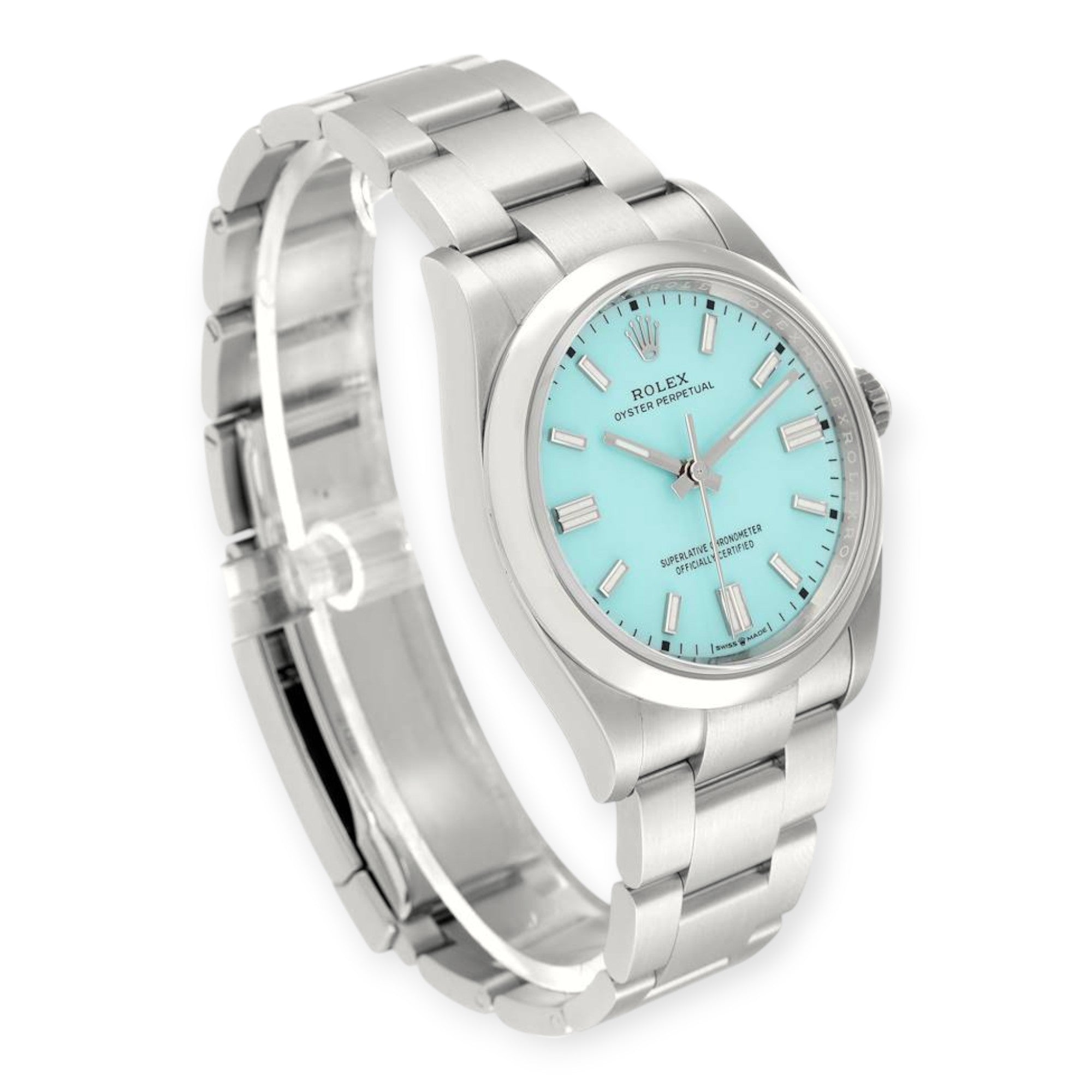 Rolex Oyster Perpetual 126000 Turquoise Blue Dial Steel Mens Watch