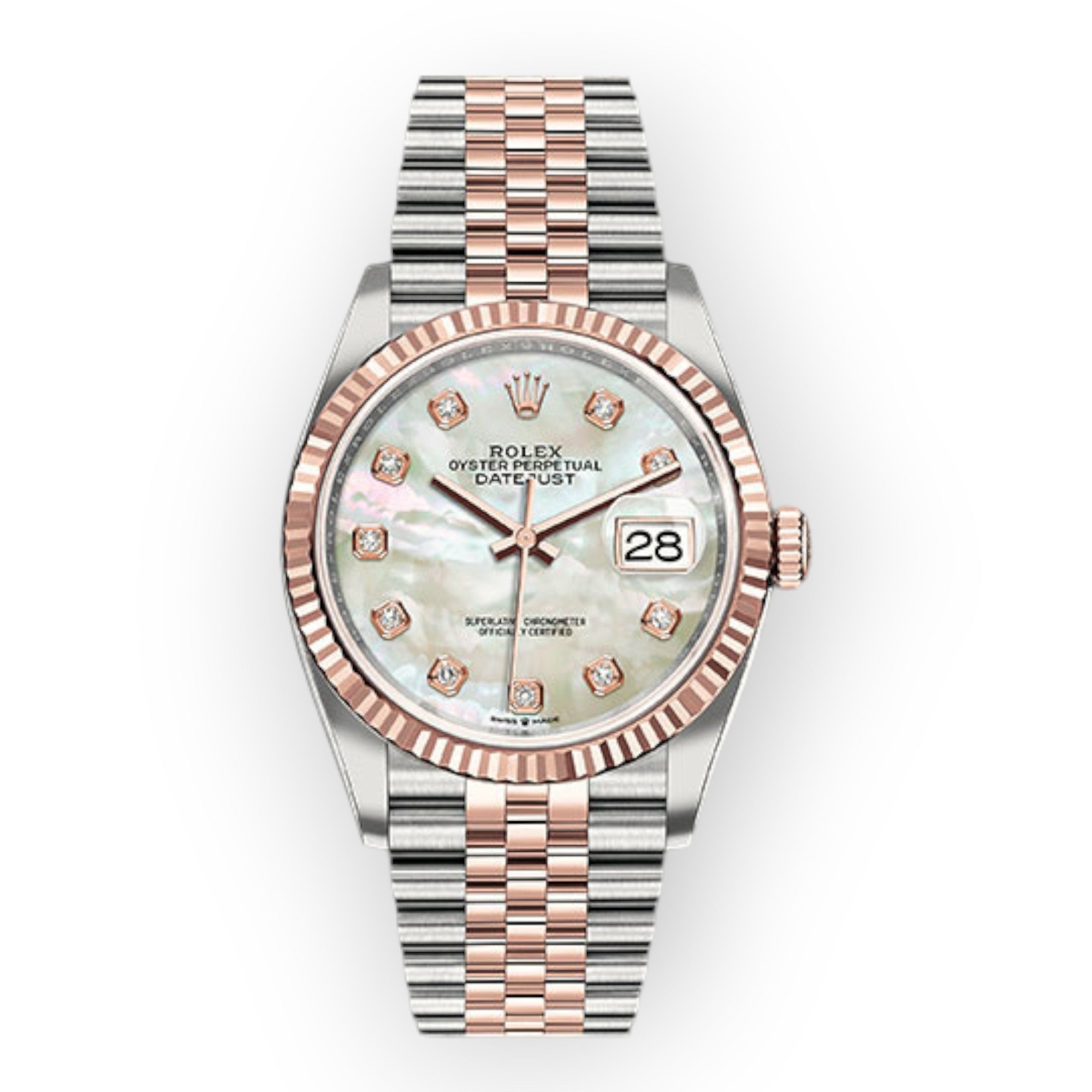 Rolex Steel and Everose Rolesor Datejust 36 Watch 126231 White Mother-Of-Pearl Diamond Dial - Jubilee Bracelet