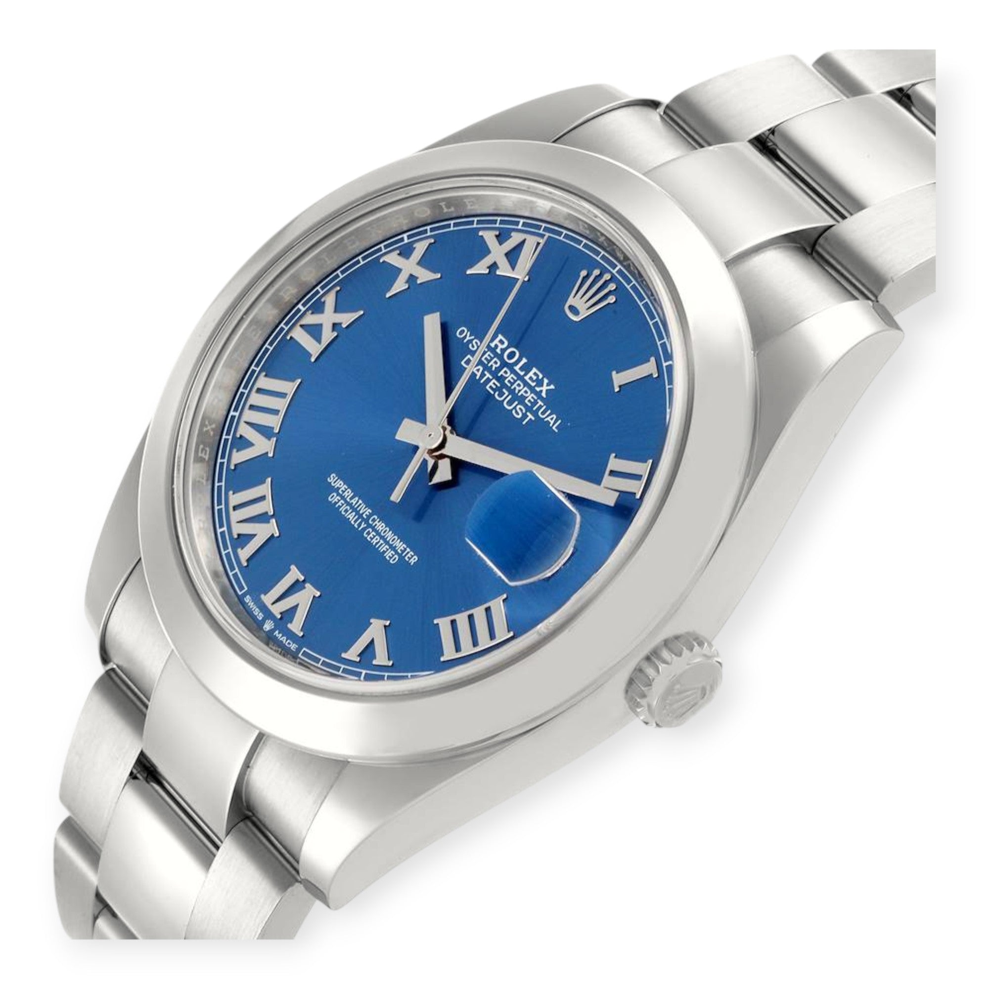Rolex Datejust 41 Blue Roman Dial Ref 126300 Smooth Bezel Steel Mens Watch