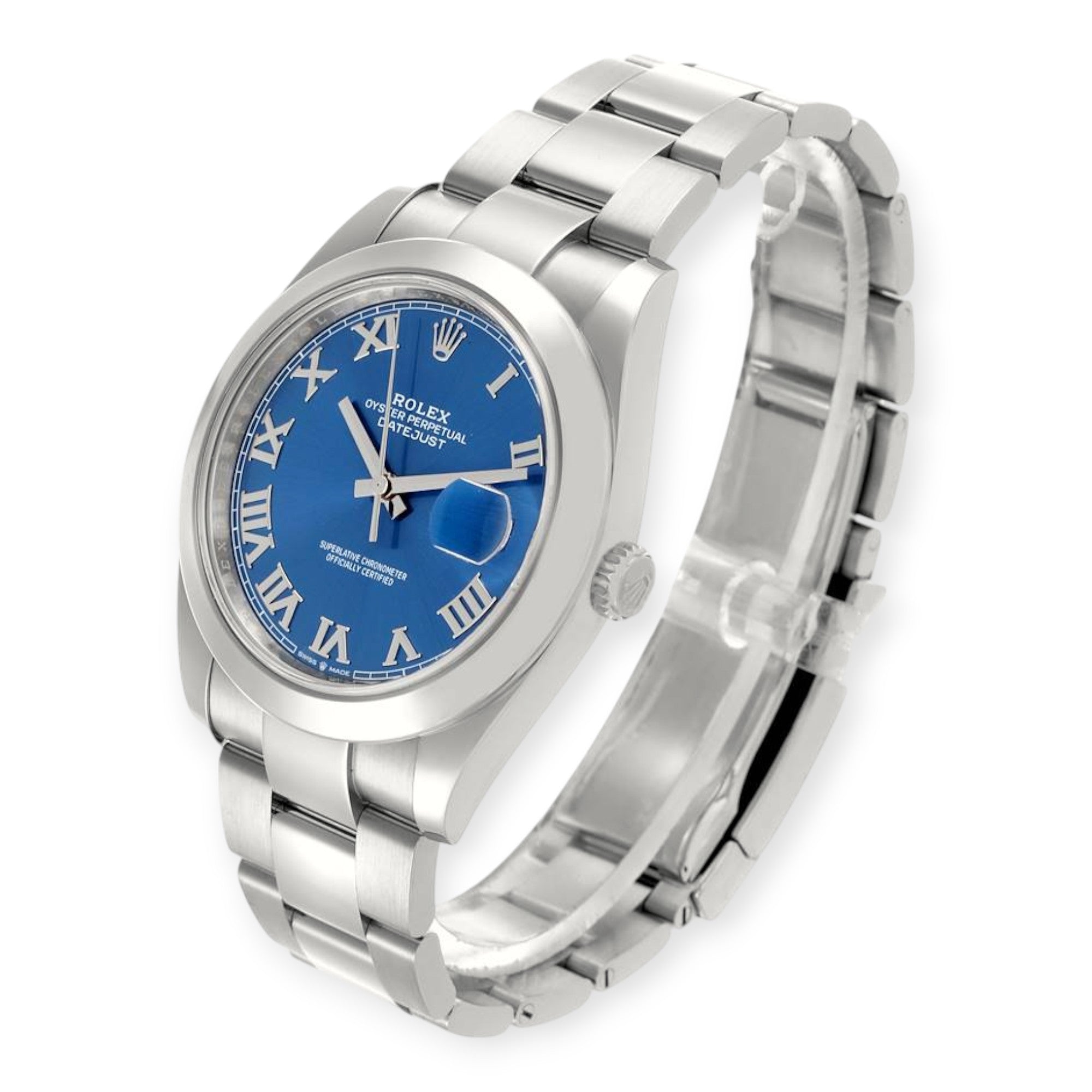 Rolex Datejust 41 Blue Roman Dial Ref 126300 Smooth Bezel Steel Mens Watch