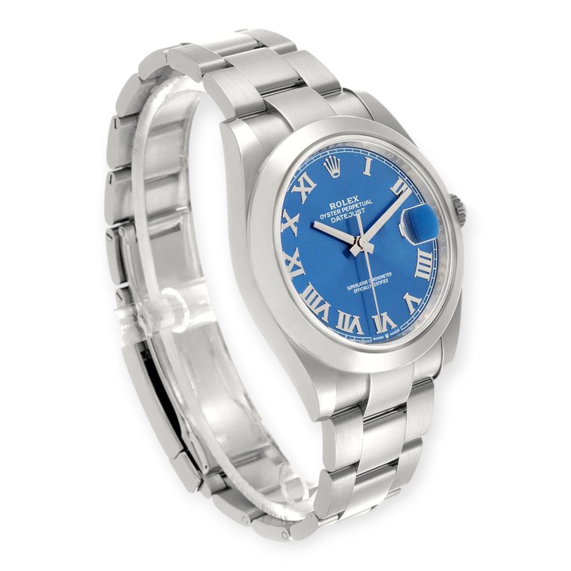 Rolex Datejust 41 Blue Roman Dial Ref 126300 Smooth Bezel Steel Mens Watch