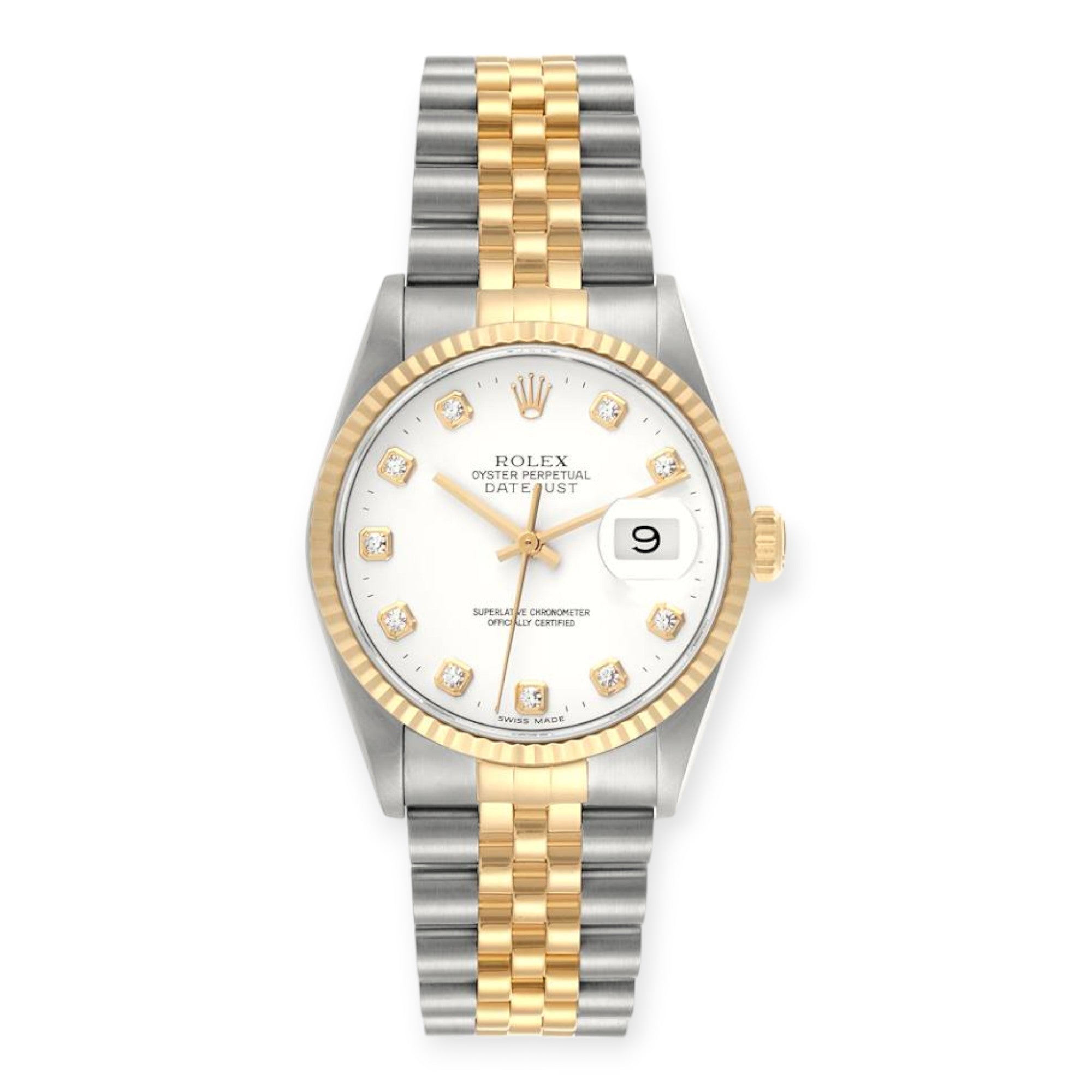 Rolex Datejust 36mm 16233  Steel Yellow Gold White Diamond Dial Mens Watch