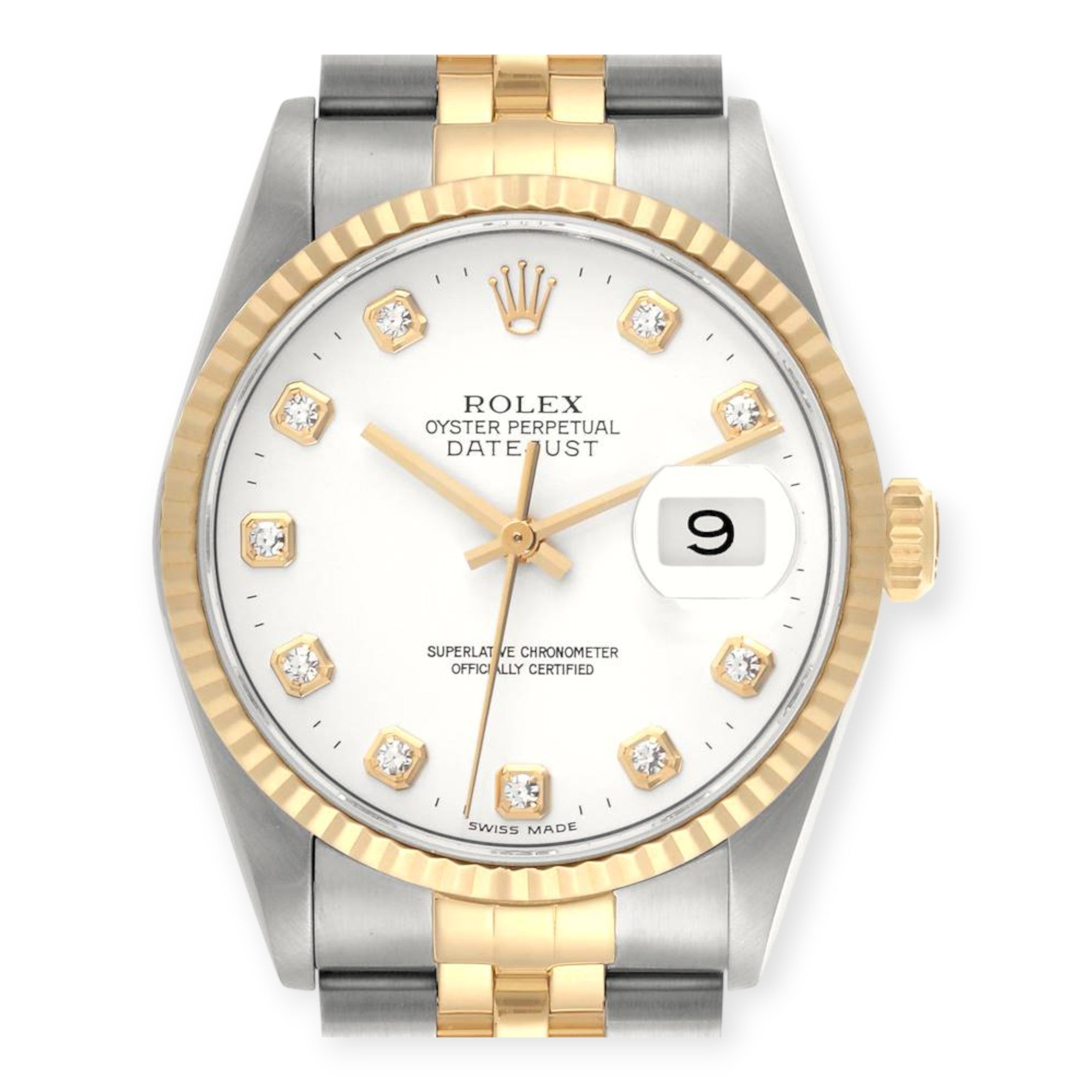 Rolex Datejust 36mm 16233  Steel Yellow Gold White Diamond Dial Mens Watch