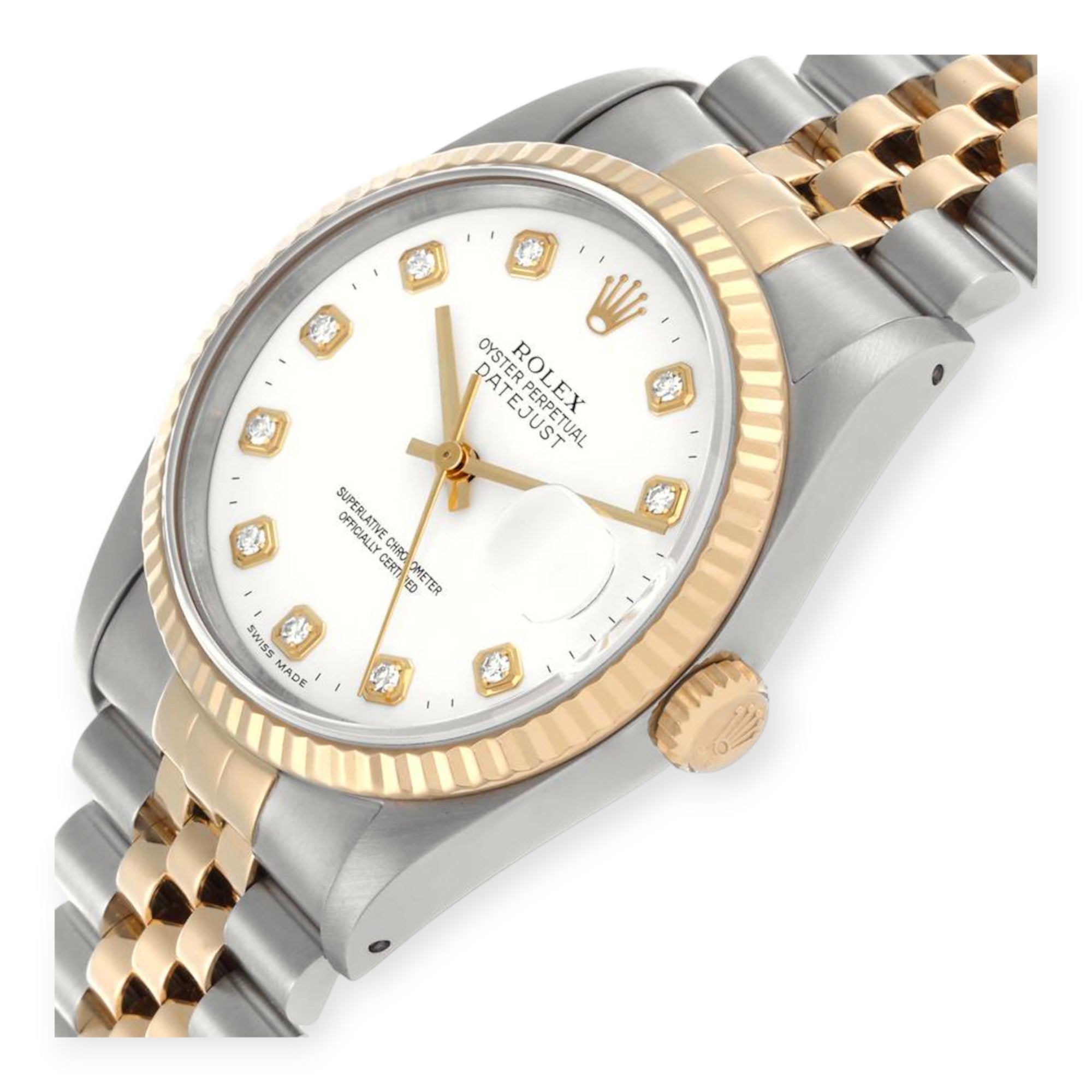 Rolex Datejust 36mm 16233  Steel Yellow Gold White Diamond Dial Mens Watch