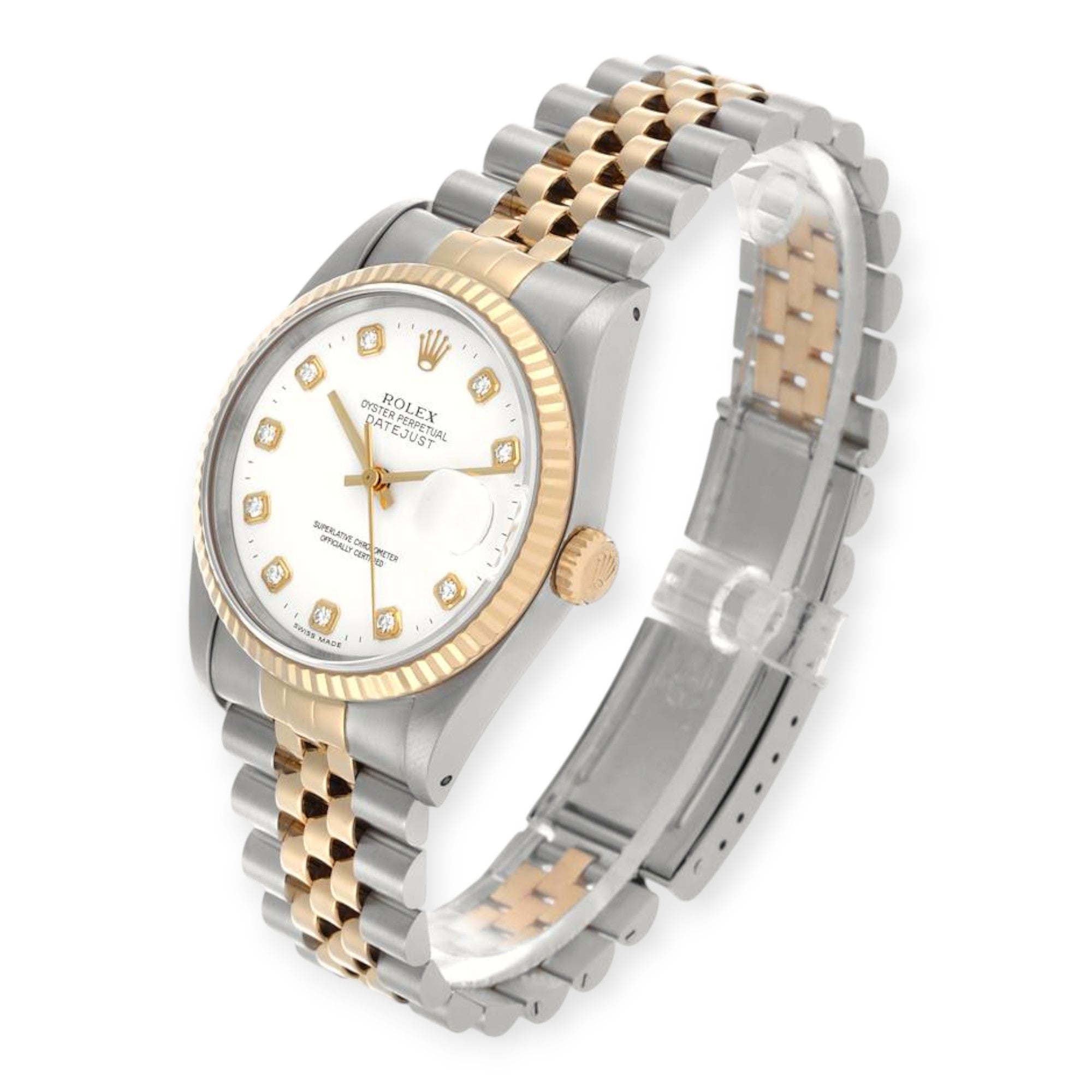 Rolex Datejust 36mm 16233  Steel Yellow Gold White Diamond Dial Mens Watch