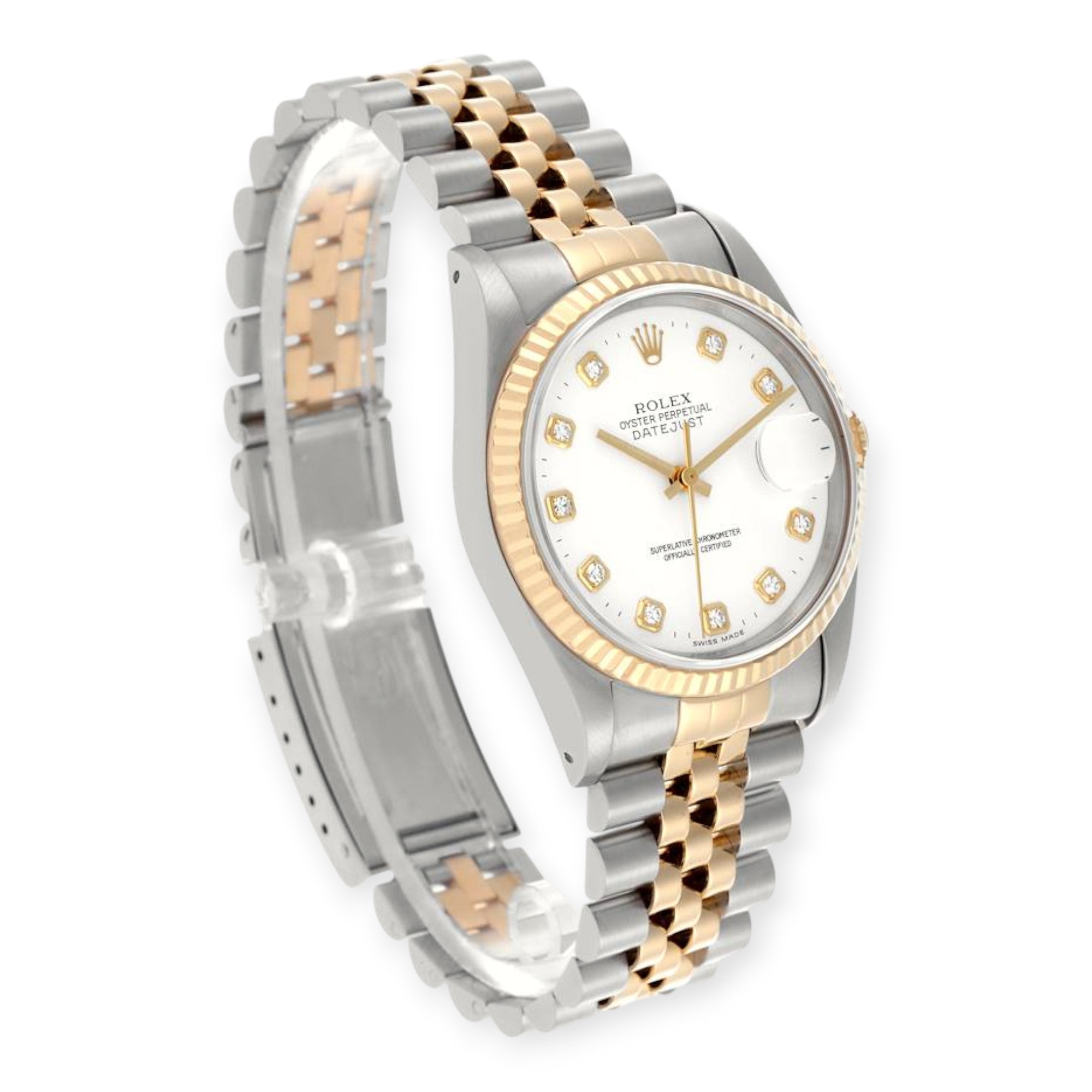Rolex Datejust 36mm 16233  Steel Yellow Gold White Diamond Dial Mens Watch