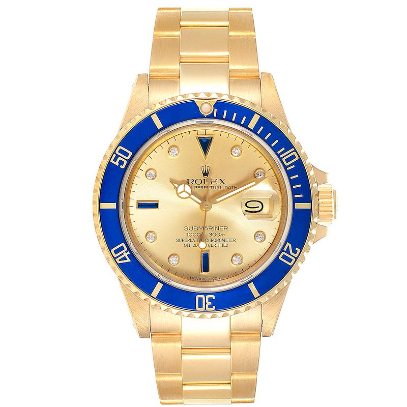 Rolex Submariner 16808 – 18K Yellow Gold – Diamond & Sapphire Serti Dial – Blue Bezel