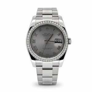Rolex DateJust 36mm 116200 Silver Roman Numeral Dial Diamond Bezel Oyster Band
