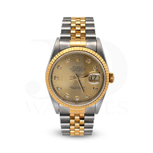 Rolex Date Just 36mm 16233 Champagne Diamond Dial Original Steel Yellow Gold Wat