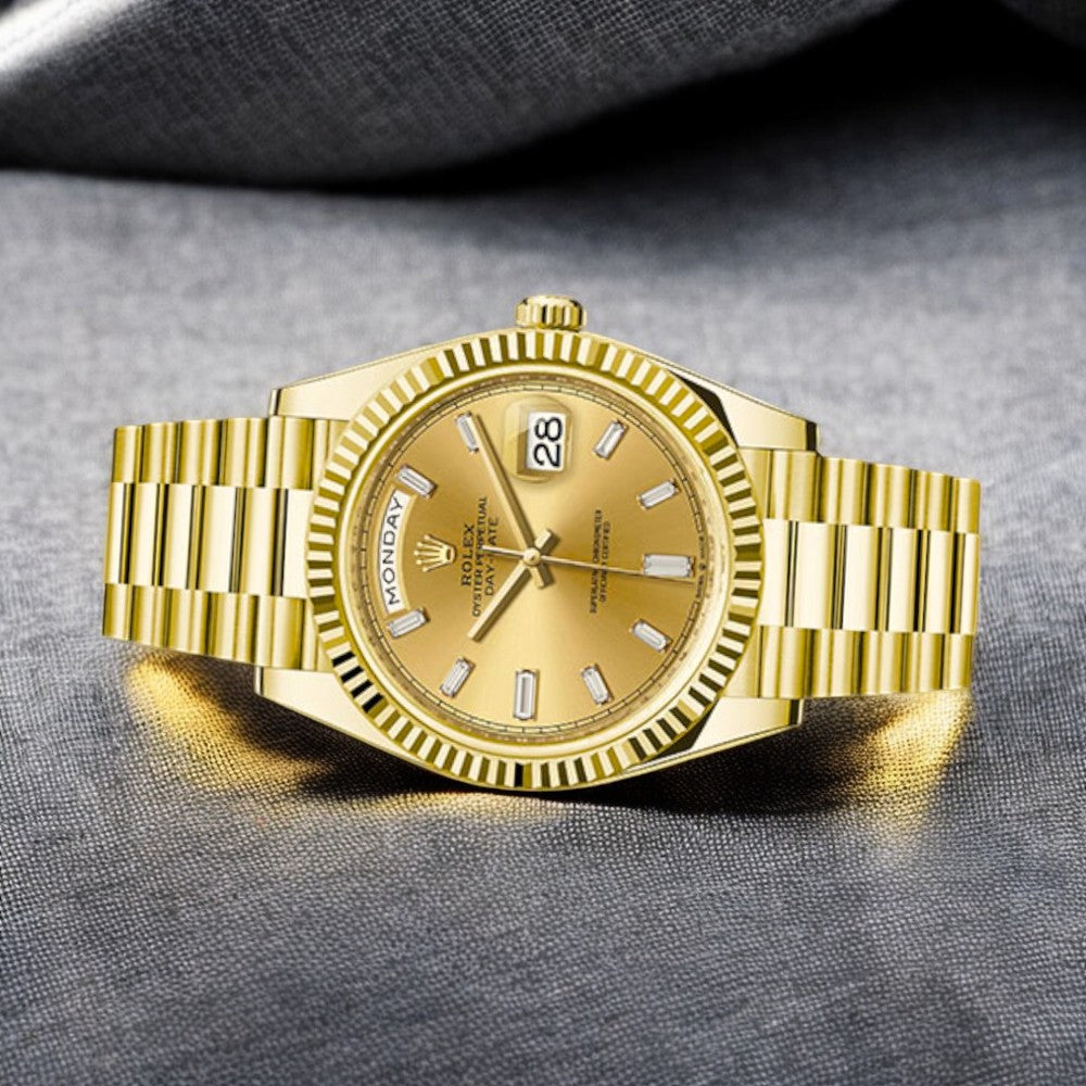 Rolex Yellow Gold Day-Date 40 Watch Champagne Baguette Diamond Dial - President Bracelet