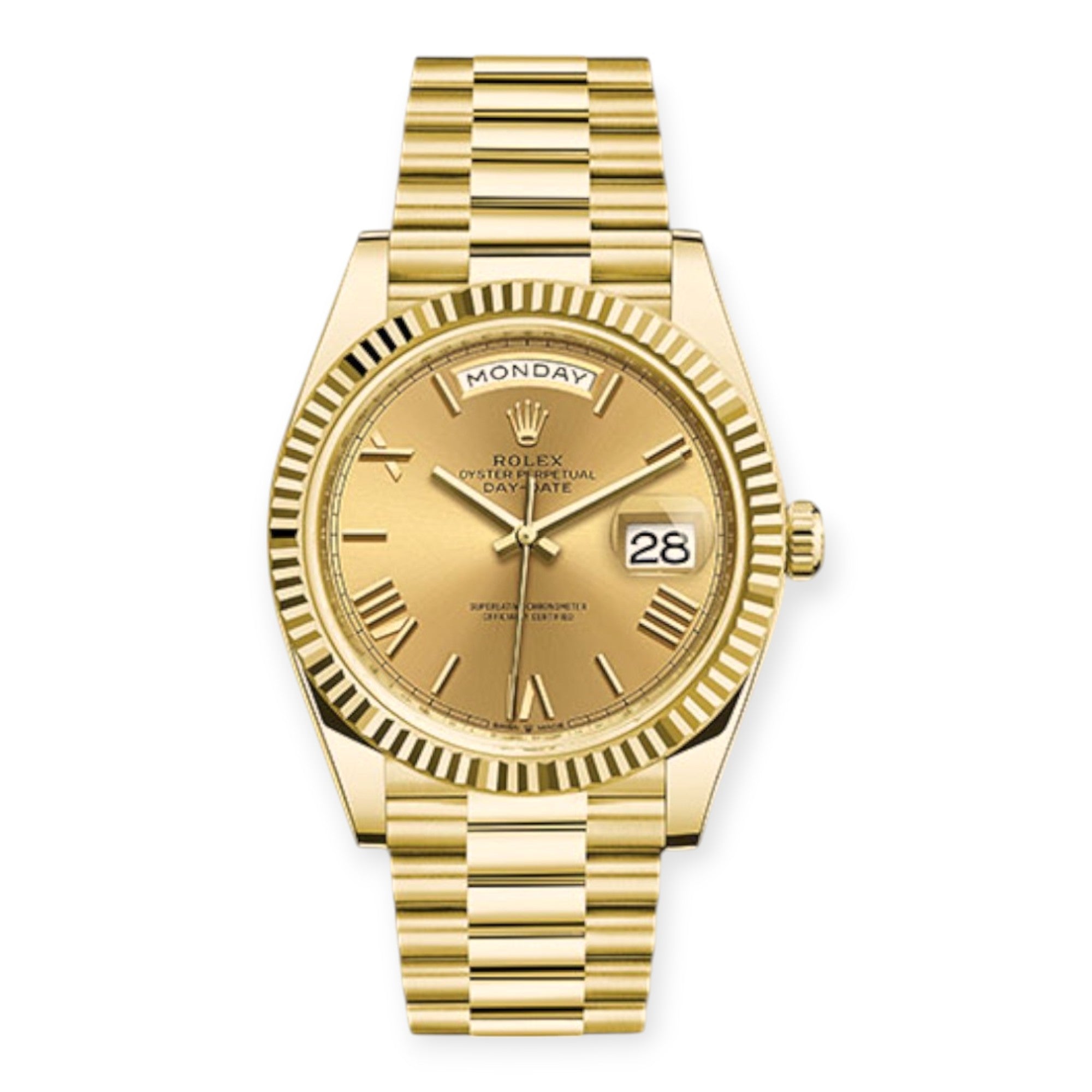 Rolex Yellow Gold Day-Date 40 Watch Champagne Roman Dial - President Bracelet