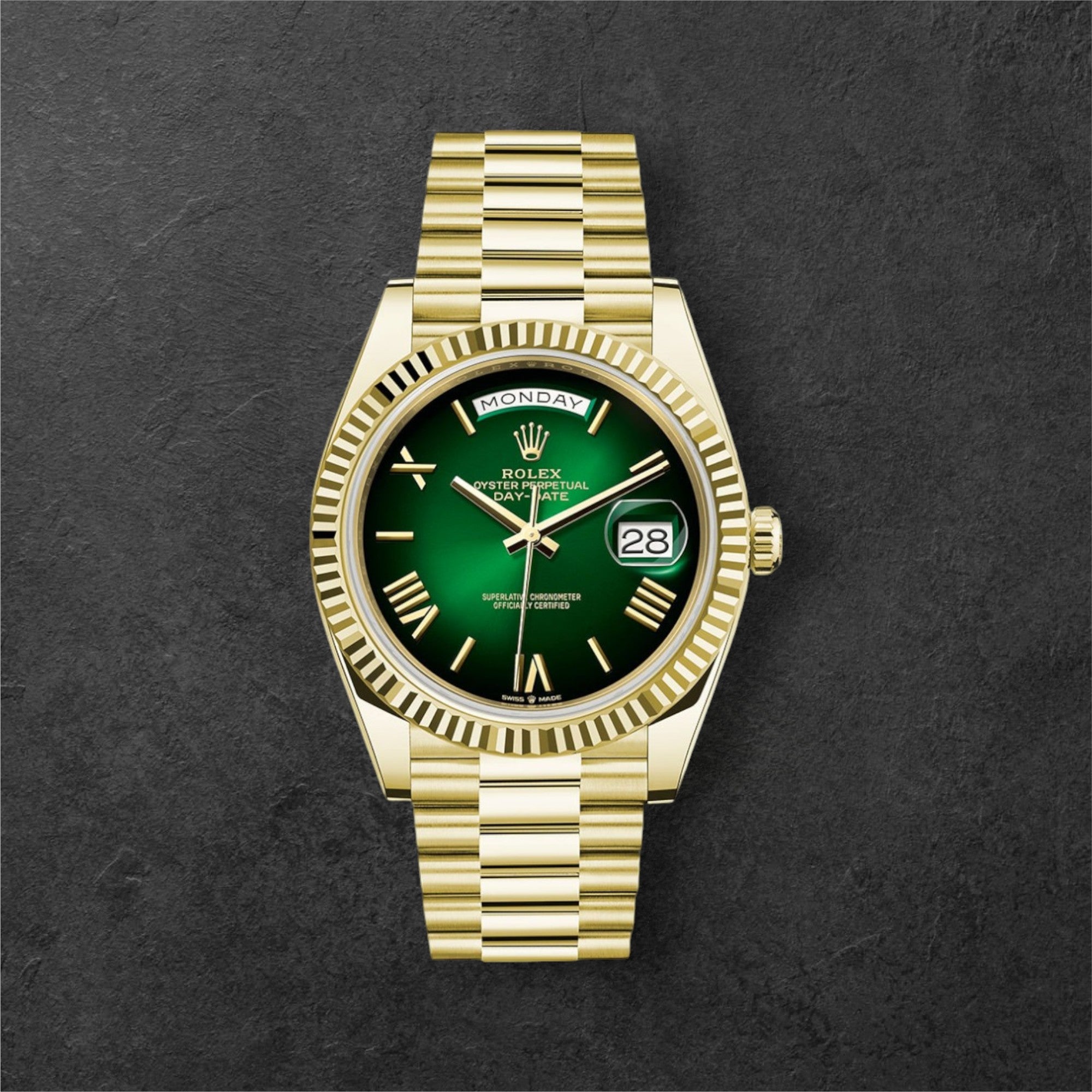 Rolex Yellow Gold Day-Date 40 Watch - Green Ombré Roman Dial - President Bracelet