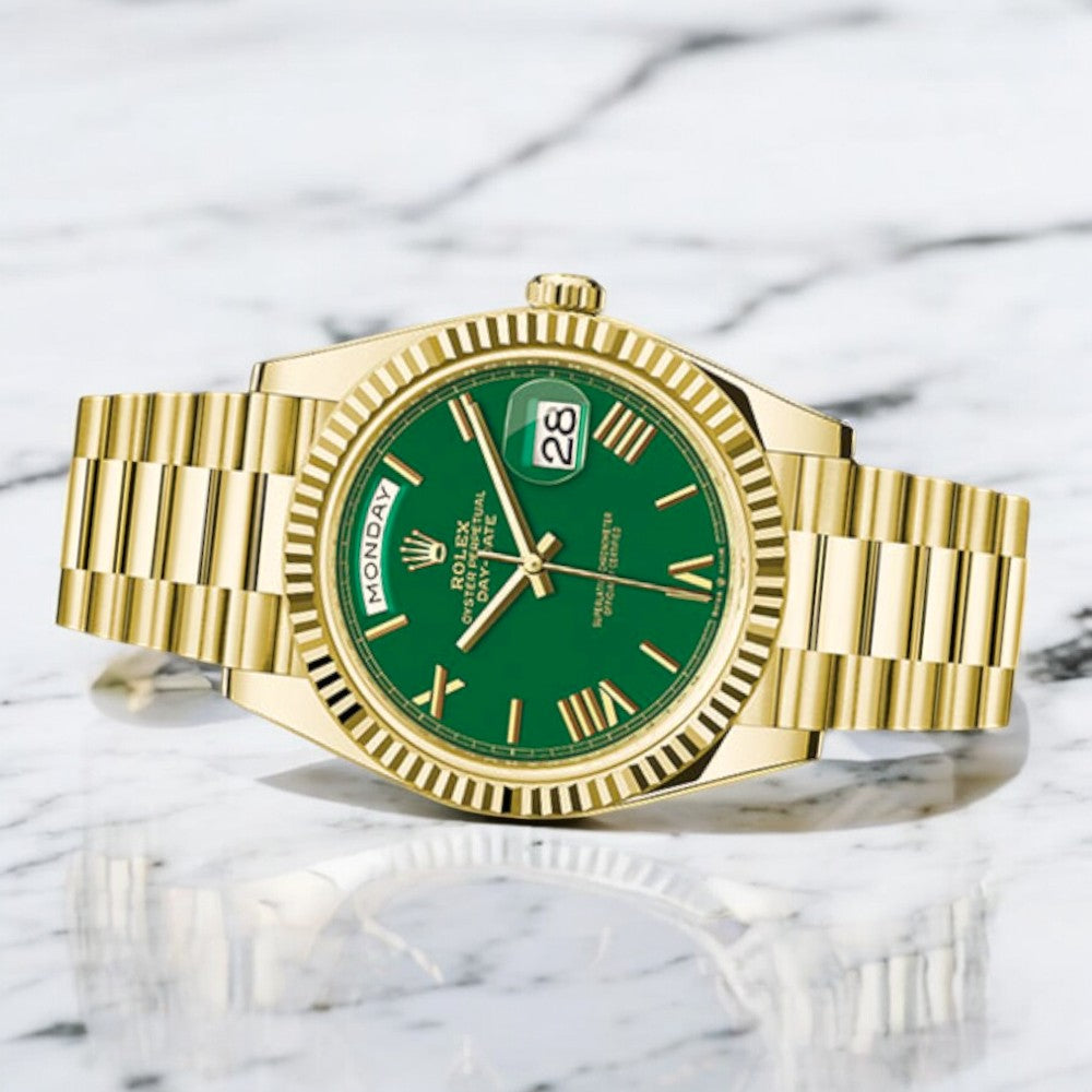 Rolex Yellow Gold Day-Date 40 Watch Green Roman Dial - President Bracelet