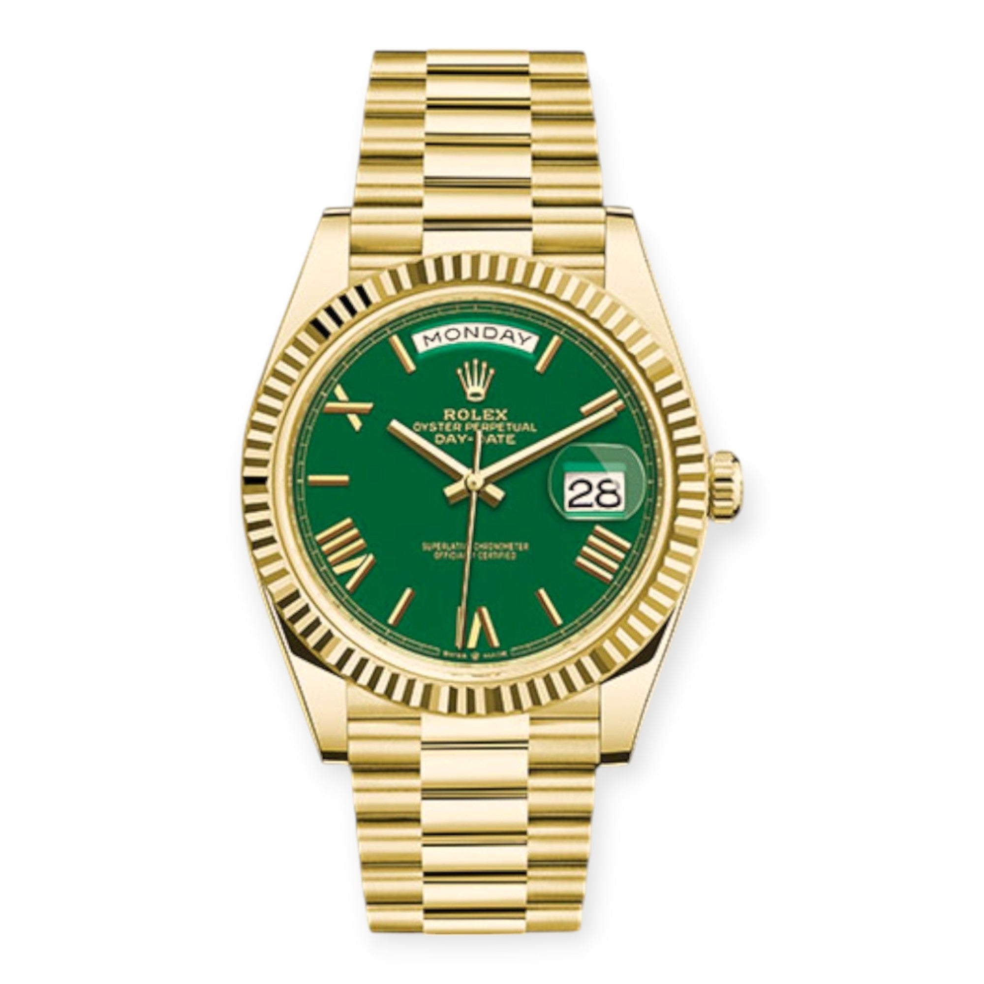 Rolex Yellow Gold Day-Date 40 Watch Green Roman Dial - President Bracelet