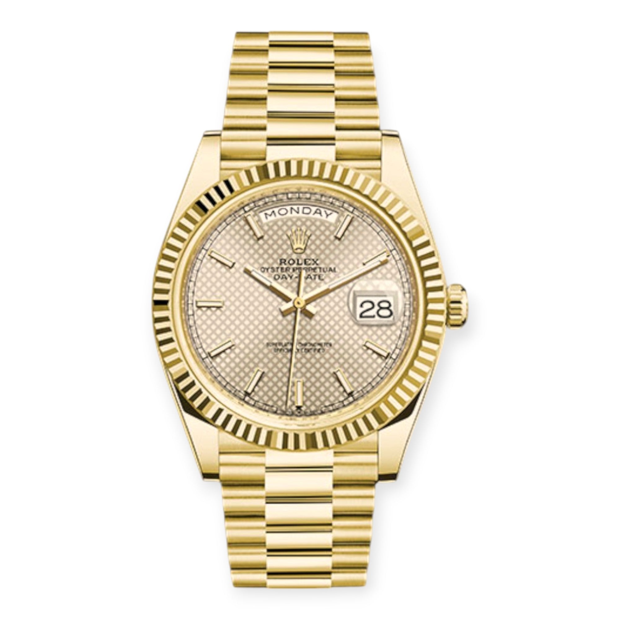 Rolex Yellow Gold Day-Date 40 Watch Silver Diagonal Motif Index Dial - President Bracelet