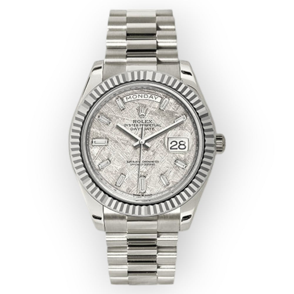 Rolex White Gold Day-Date 40 Watch Meteorite Baguette Diamond Dial - President Bracelet