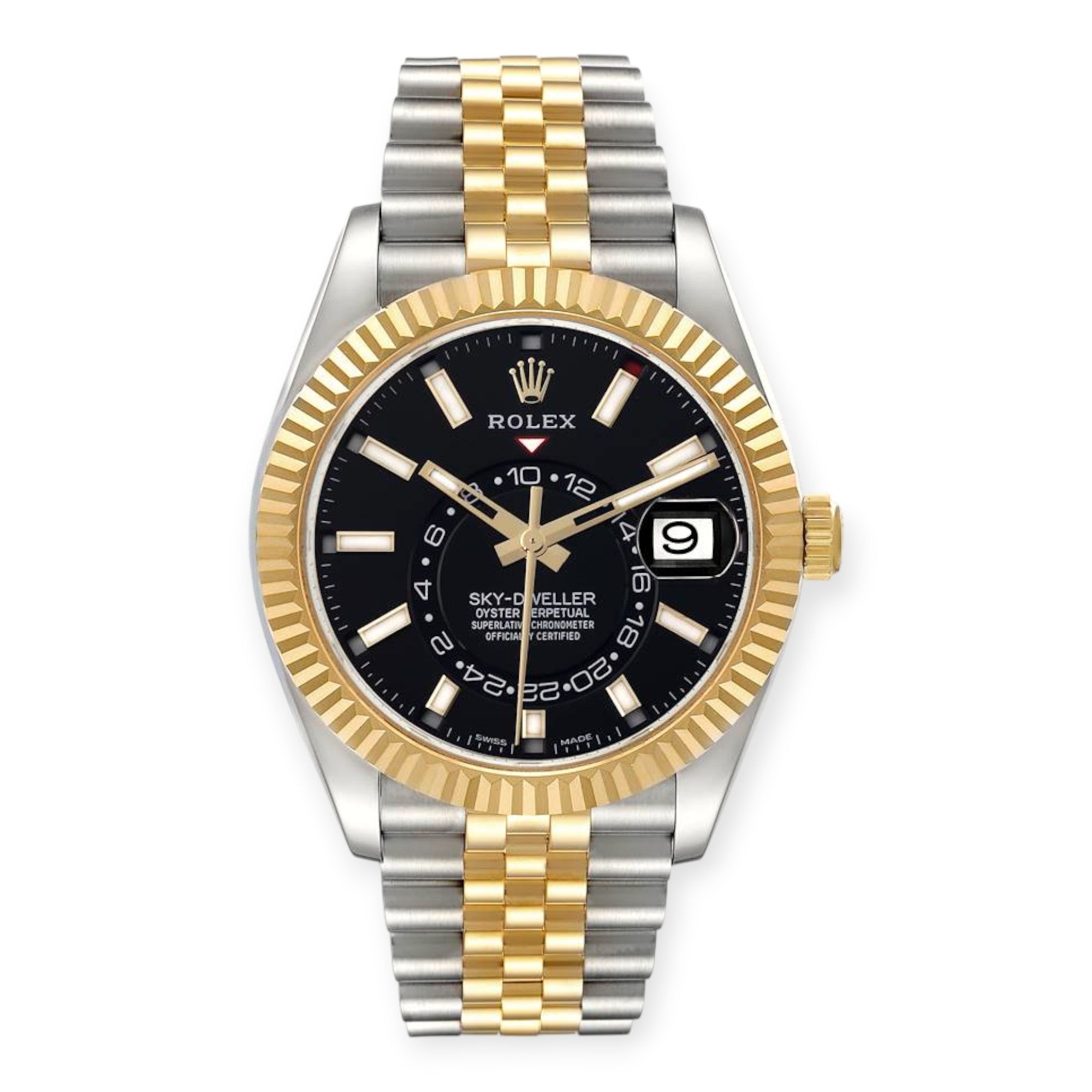 Rolex Sky Dweller Steel 326933 Yellow Gold Black Dial Mens Watch