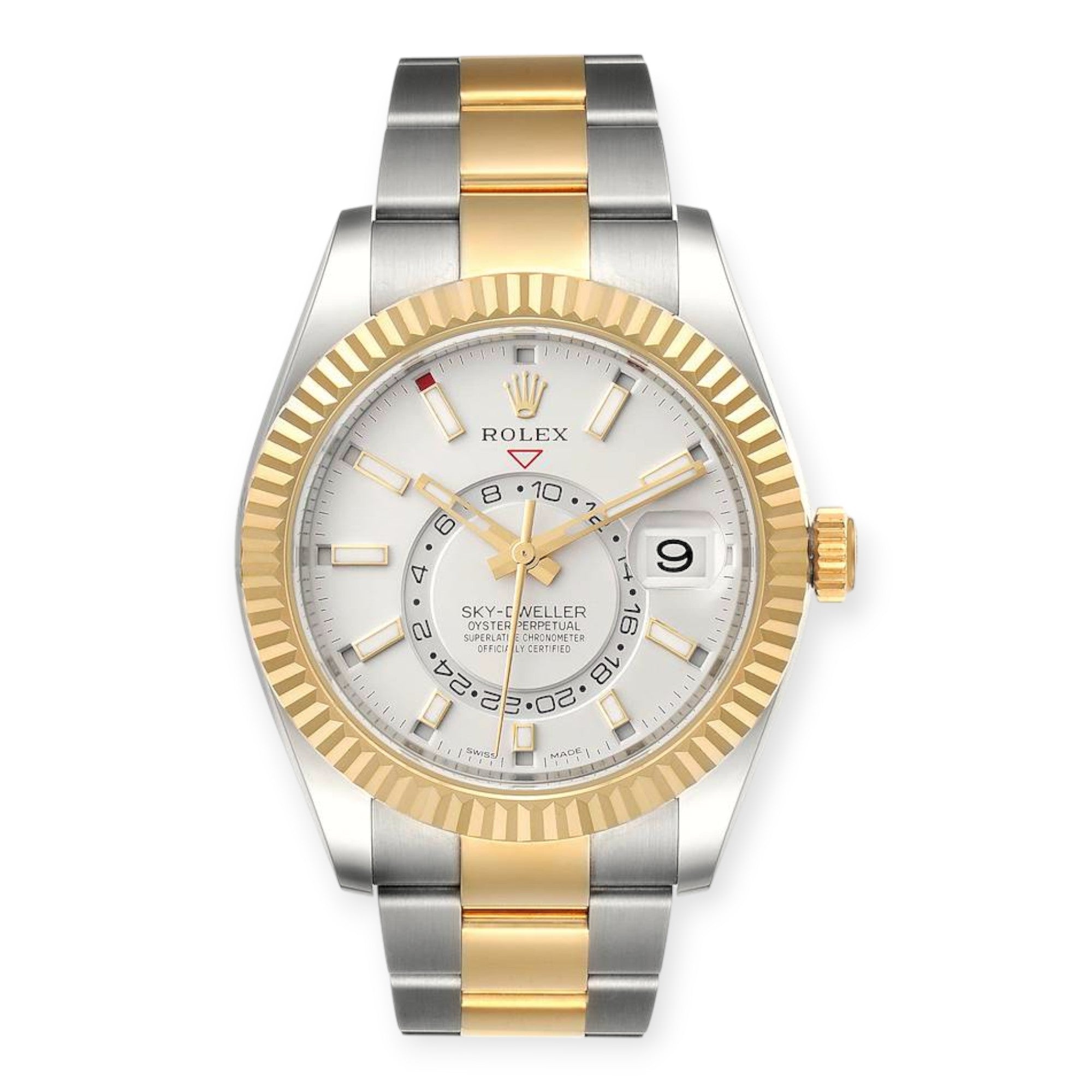 Rolex Sky Dweller Yellow 326933 Gold Steel White Dial Mens Watch