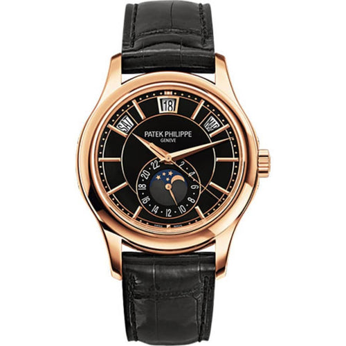 Patek Philippe Annual Calendar 5205R-010 40mm Rose Gold Black Dial Moonphase Leather Strap