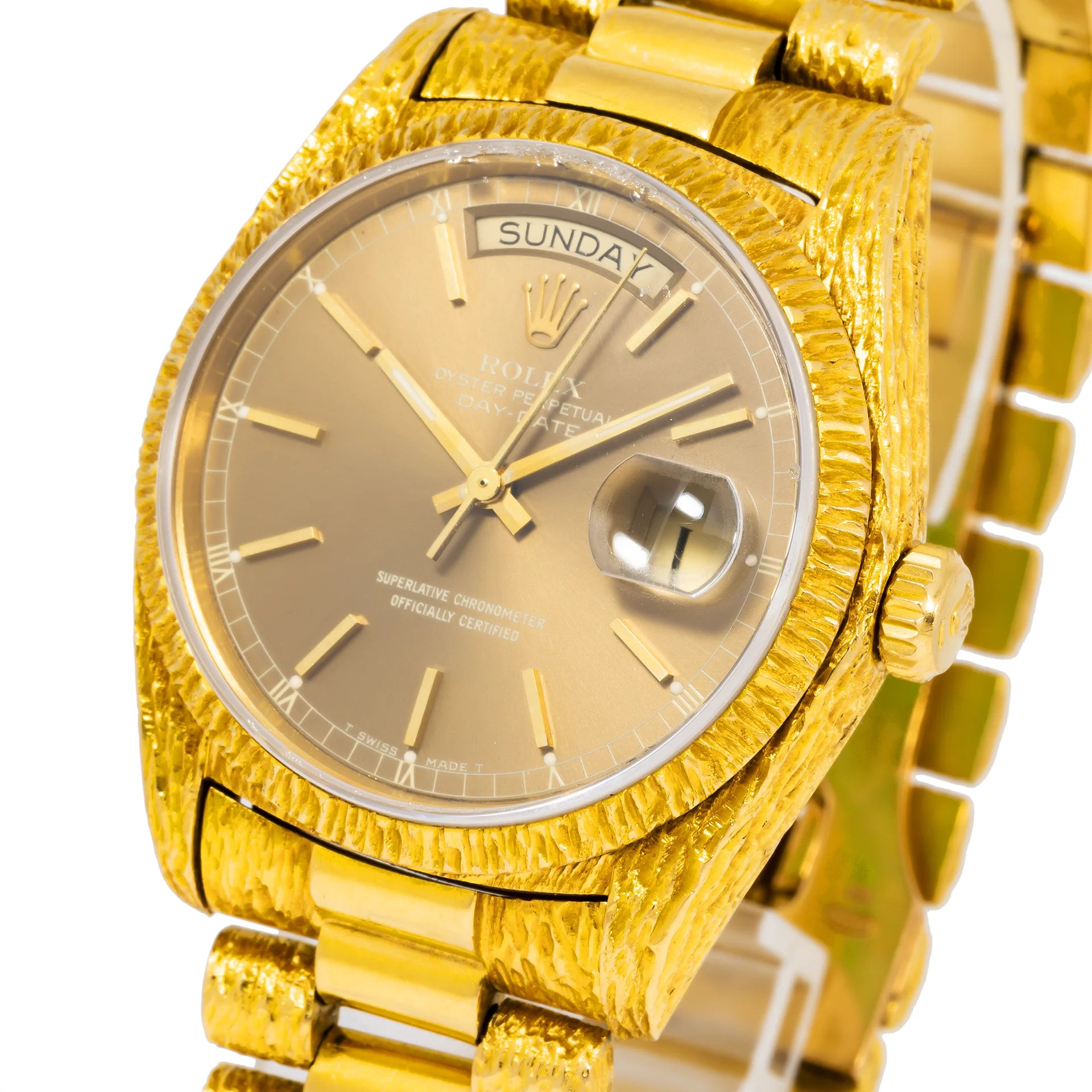 Rolex Day-Date 36mm 18038 Champagne Dial Bark Bezel 18K Yellow Gold President Bracelet