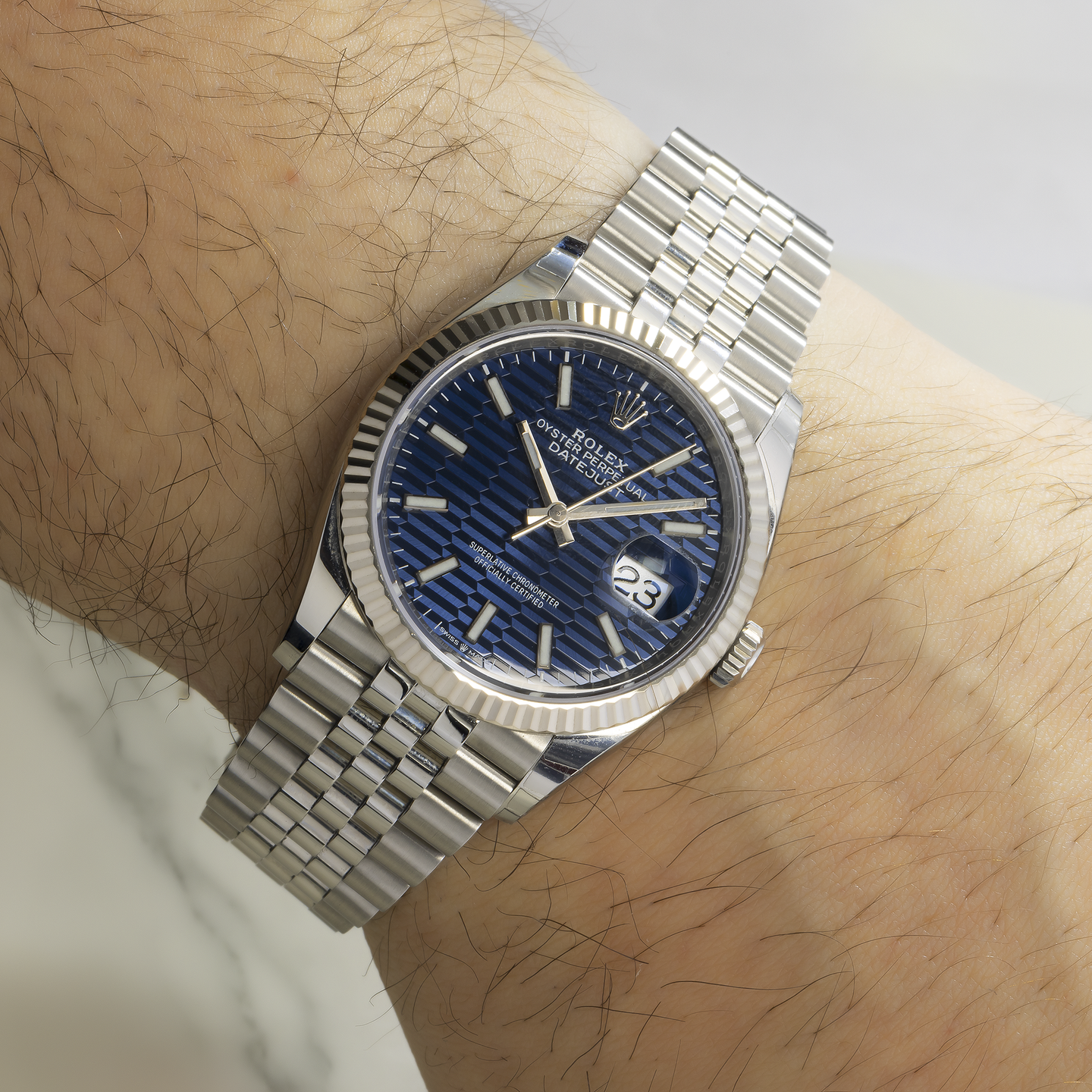 Rolex Datejust 36mm 126334 Blue Motif Dial on Jubilee bracelet with fluted bezel (White Gold).