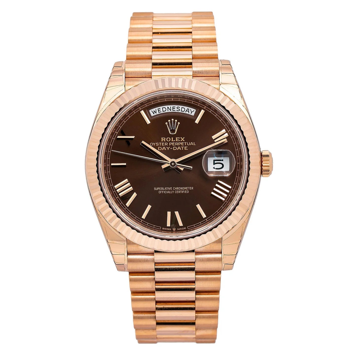 Rolex Day-Date 40MM 228235 Chocolate Roman Dial Fluted Bezel 18K Everose Gold President Bracelet