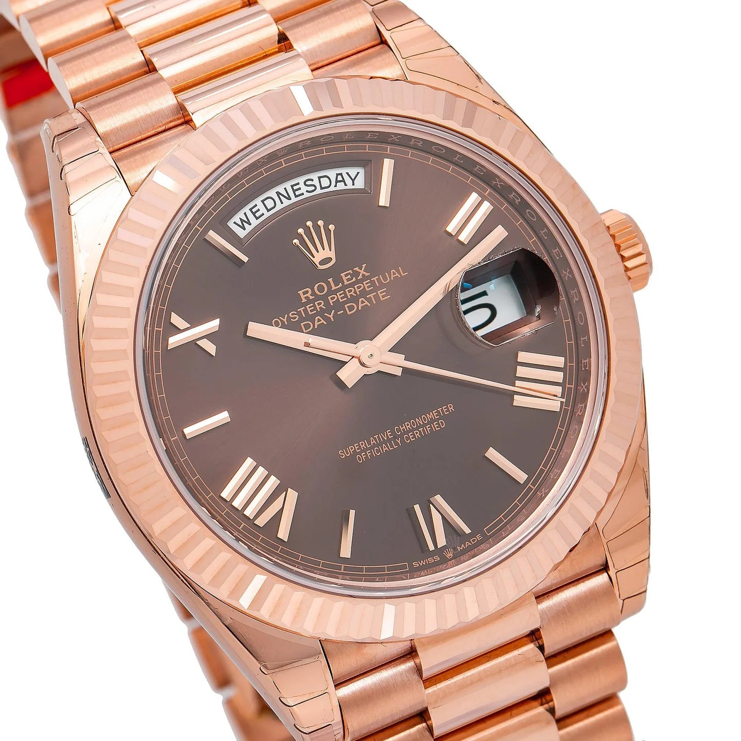 Rolex Day-Date 40MM 228235 Chocolate Roman Dial Fluted Bezel 18K Everose Gold President Bracelet