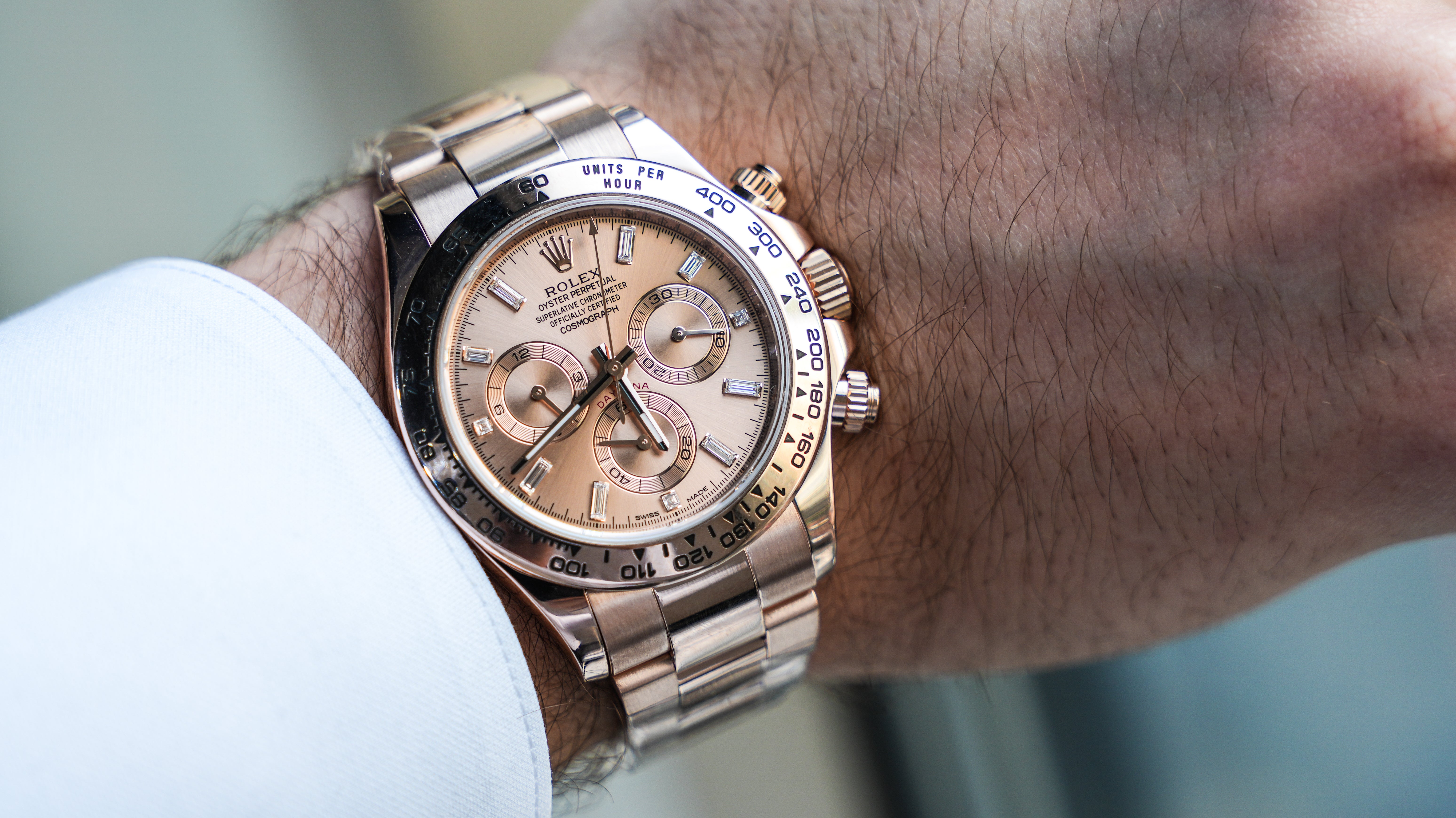 Rolex Daytona Rose Gold with Pink Champagne Dial with Diamond Baguette Hour Markers 116505