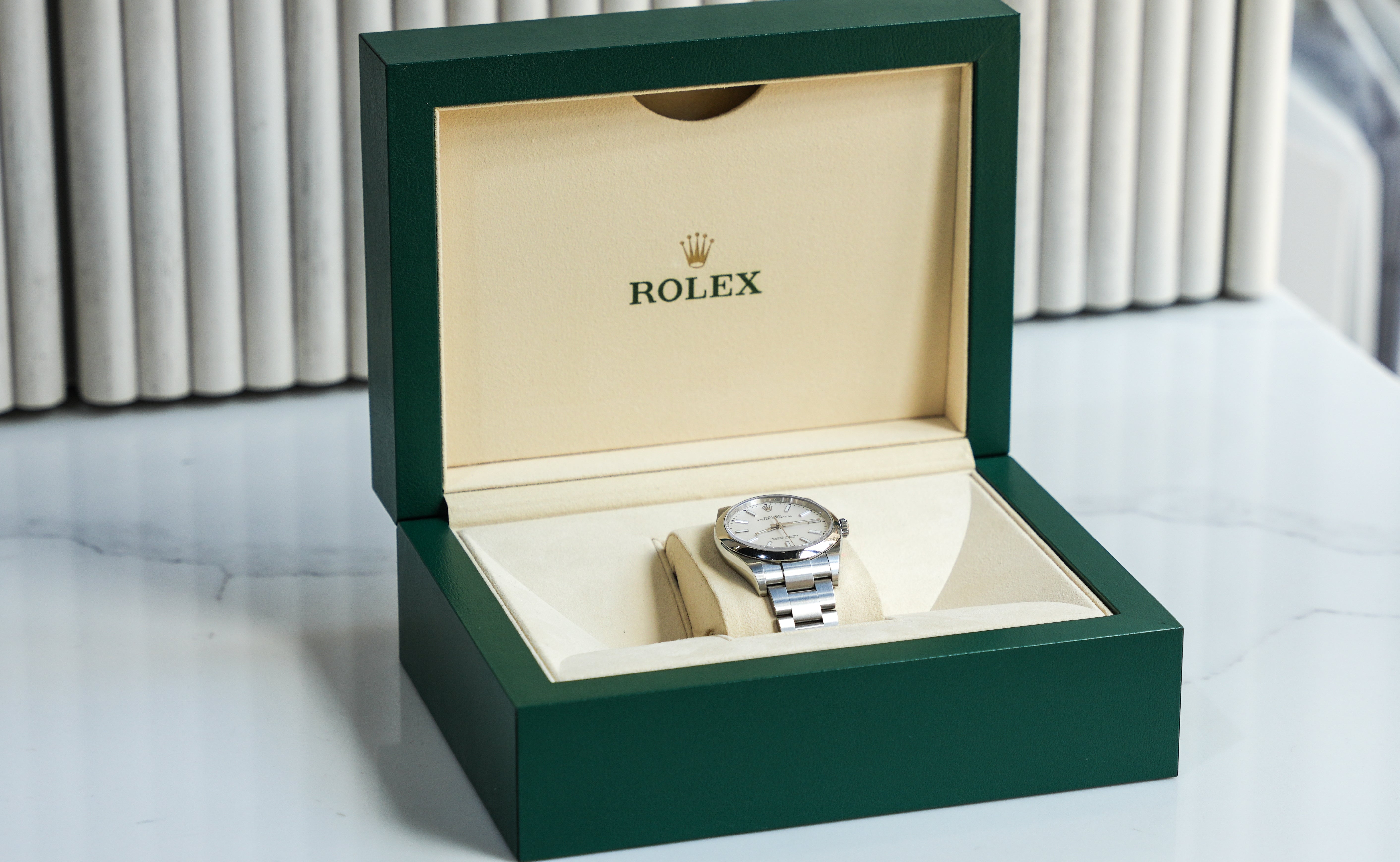 Rolex Oyster Perpetual 114300 – 39mm White Rhodium Dial with Stainless Steel Oyster Bracelet