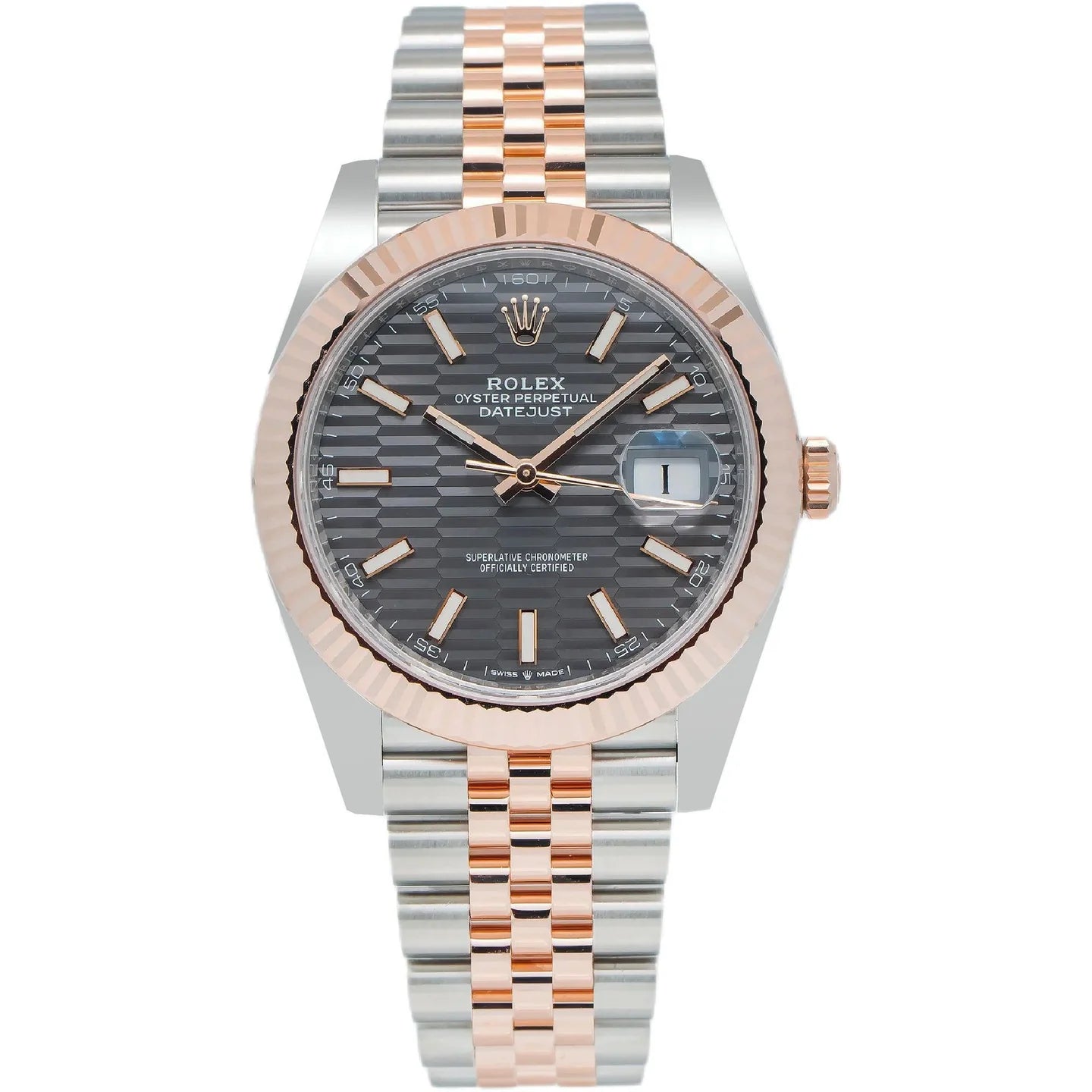 Rolex Datejust 41MM 126331 Slate Gray Motif Dial Fluted Bezel Two-Tone Everose Gold Jubilee Bracelet