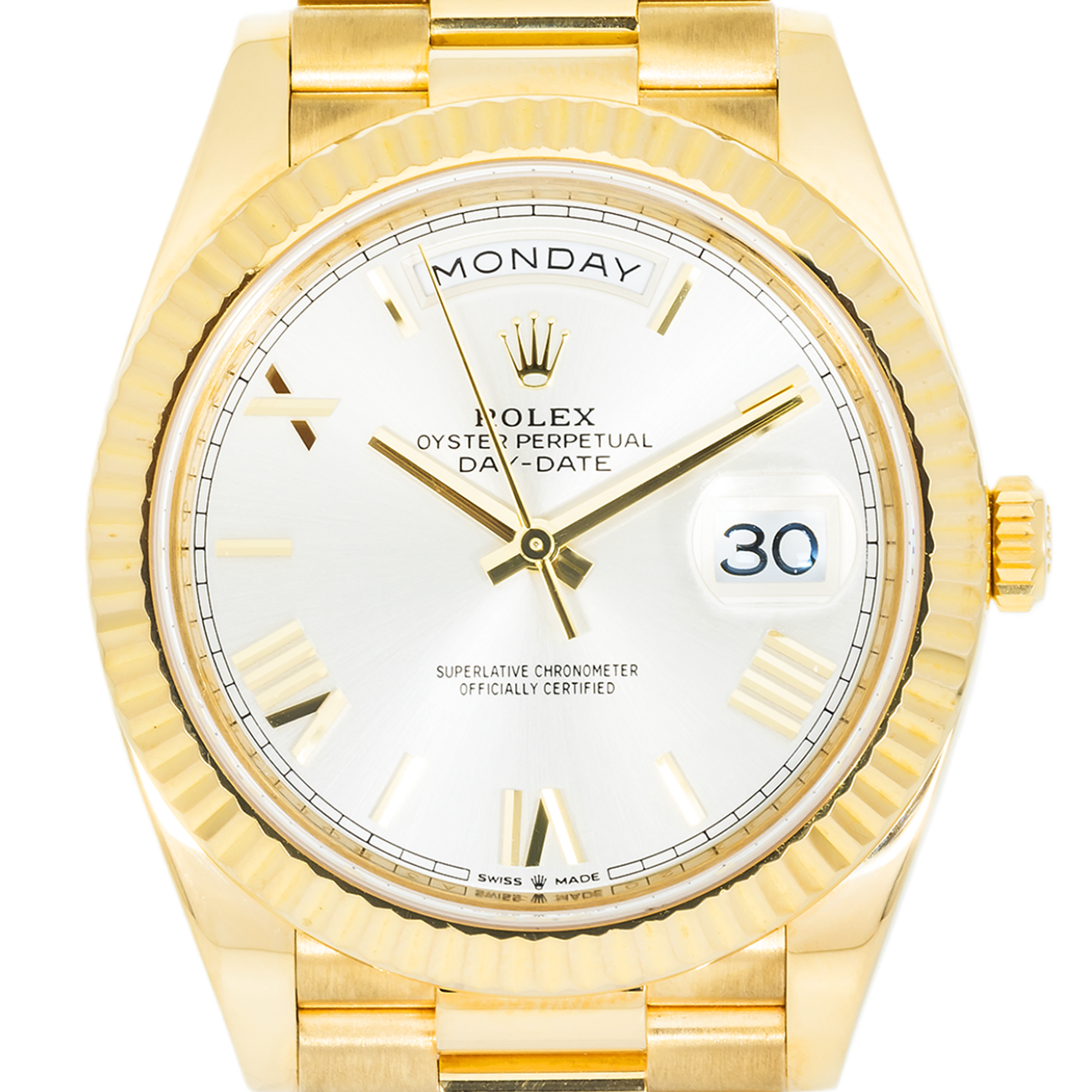 Rolex 18k Yellow Gold Day-Date 40mm, 228238 Silver Roman Dial and President Bracelet