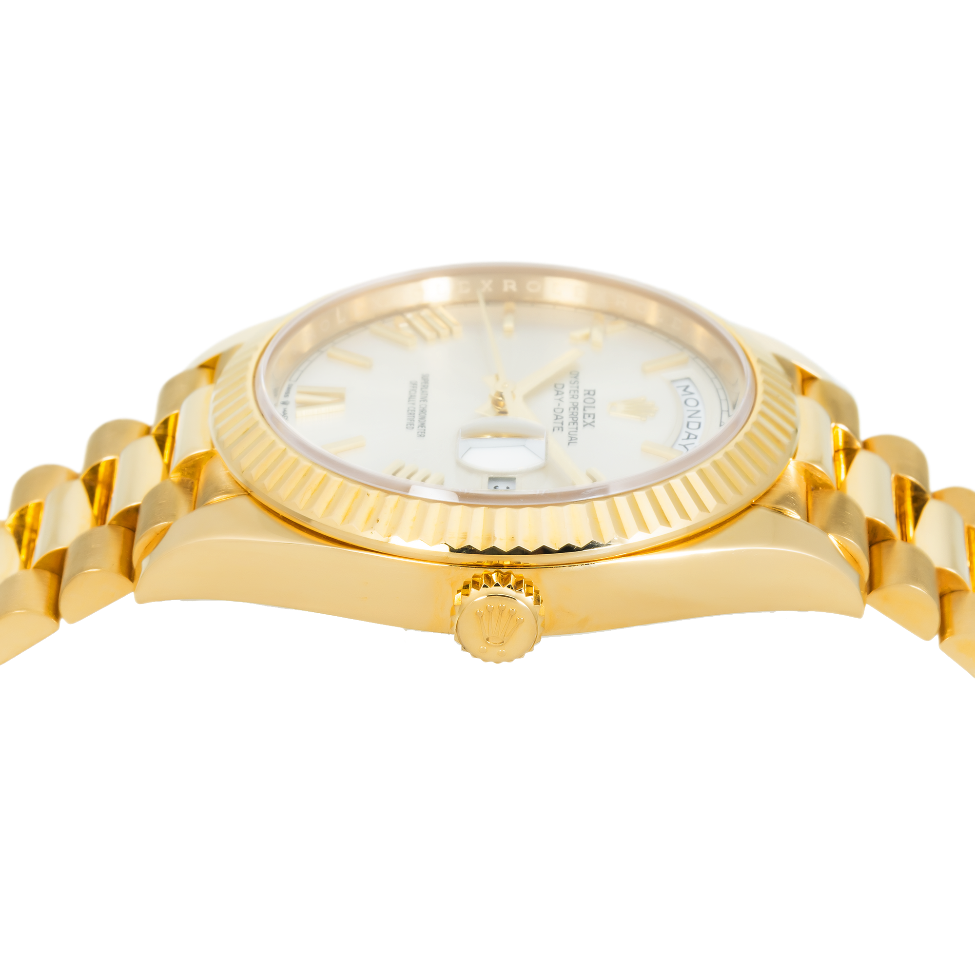 Rolex 18k Yellow Gold Day-Date 40mm, 228238 Silver Roman Dial and President Bracelet