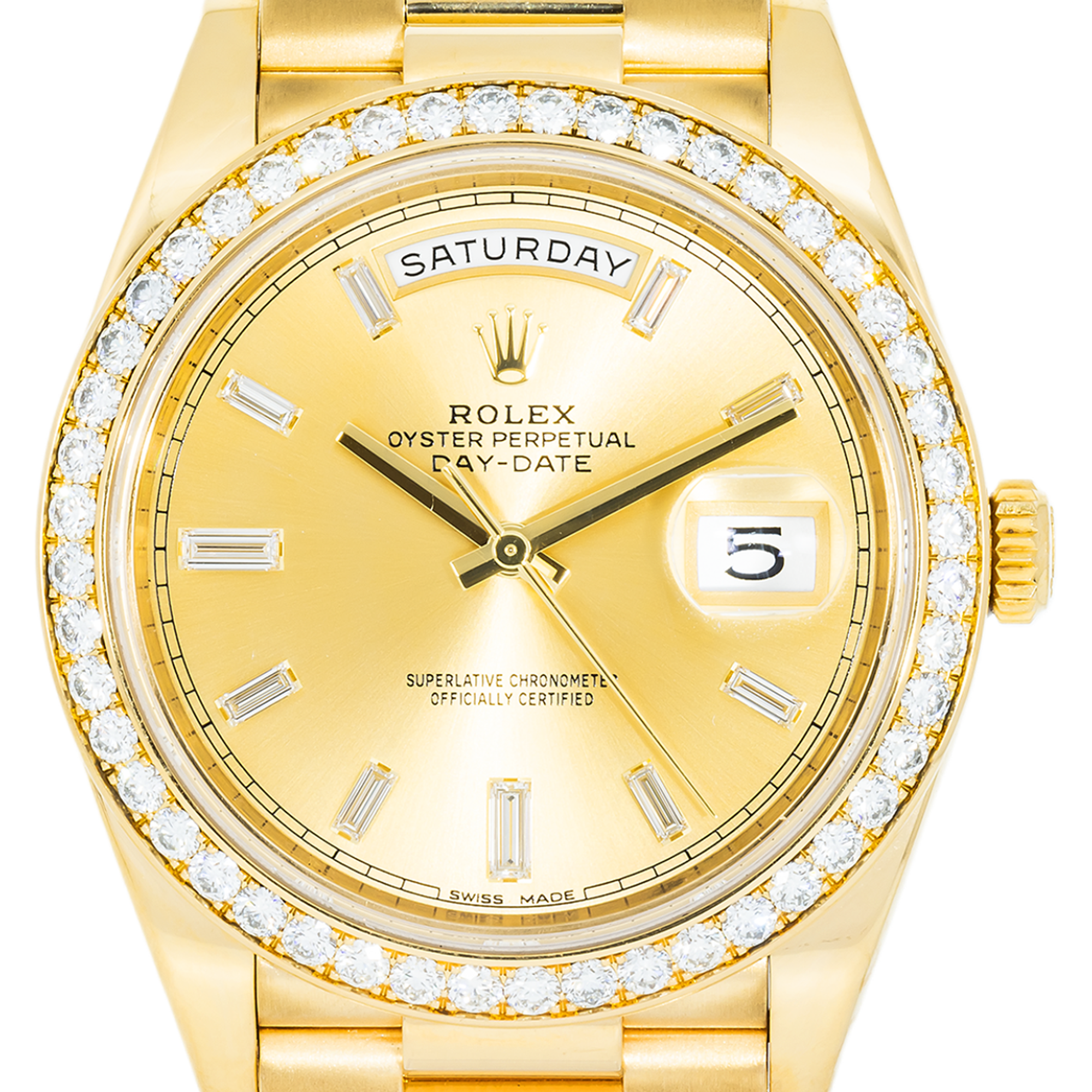 Rolex 18k Yellow Gold Day-Date 40mm, 228348RBR Factory Diamond Bezel and President Bracelet